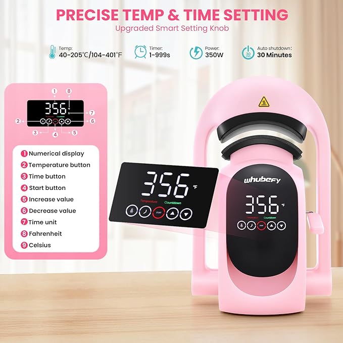 Prensa Térmica Automática para Gorras Whubefy 3 en 1, Rosa con Pantalla Táctil miniatura 4