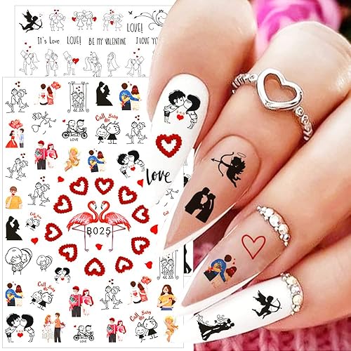 Miniatura 7 de 6 hojas de calcomanías de corazón 3D autoadhesivas para uñas de corazón calcomanías de uñas de corazón negro y rojo Cupido para uñas naturales uñas