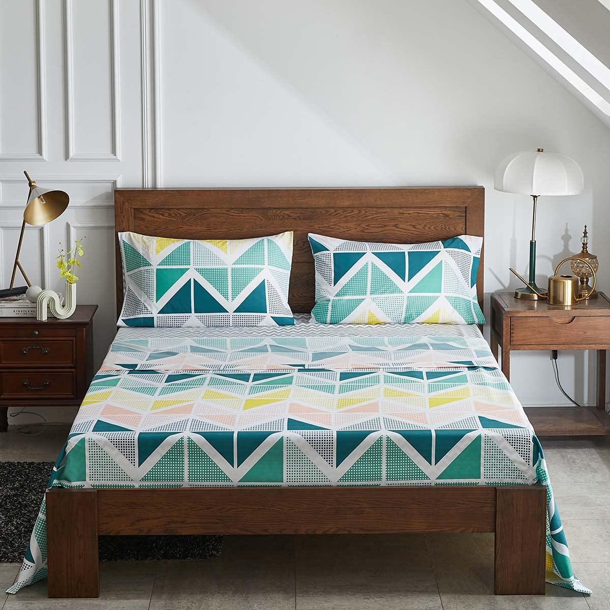 UOZZI BEDDING Printed 4 Pieces Bed Sheets Set King Size 1500 Soft Brushed Microfiber Yellow Green Cubes Triangles Print Adult Bedding Set