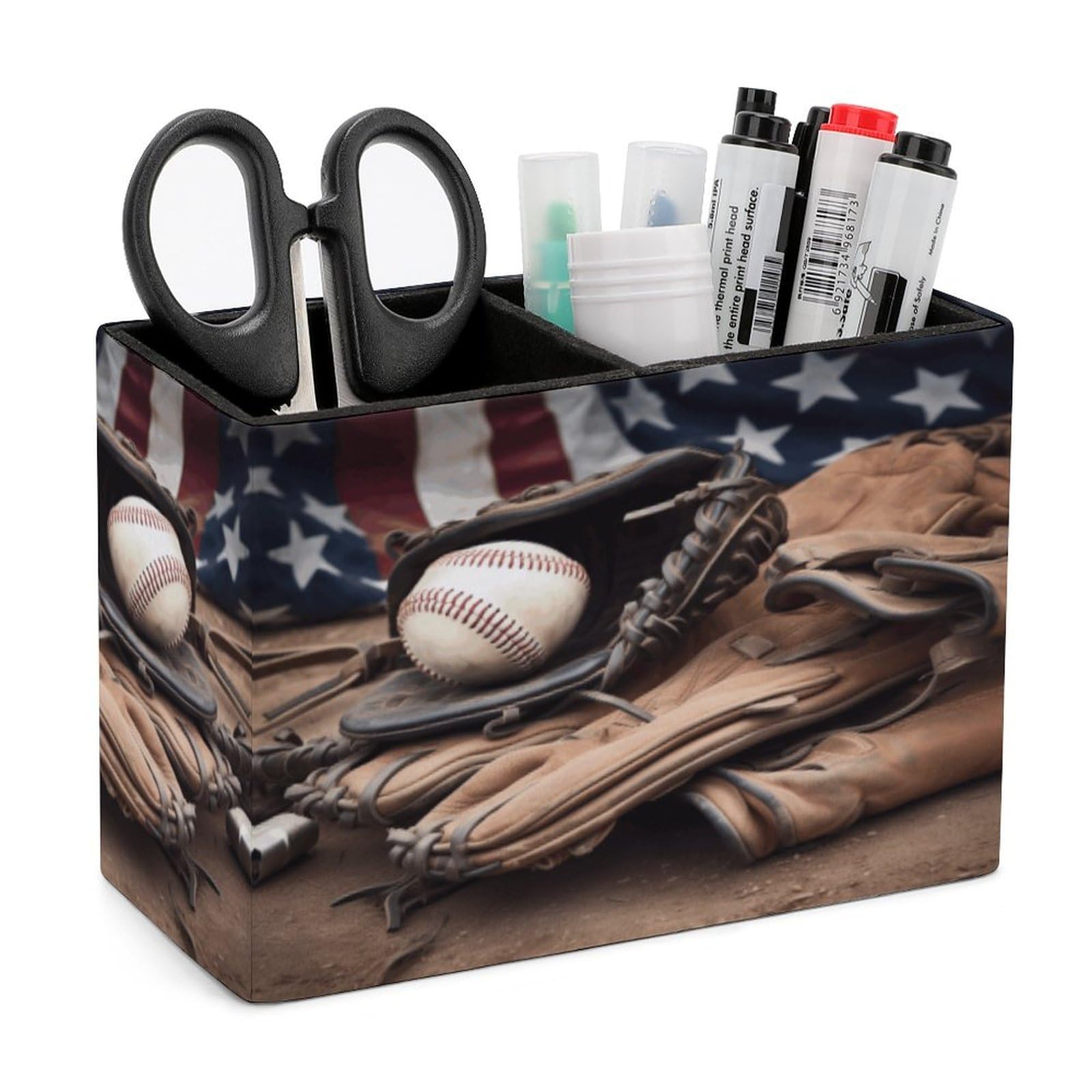 HKMNTGD Pen Holder for Desk,Baseball Equipment Printed Square Leather Pencil Holder Double Compartments，Desktop Organizer Office Accessories Container Box
