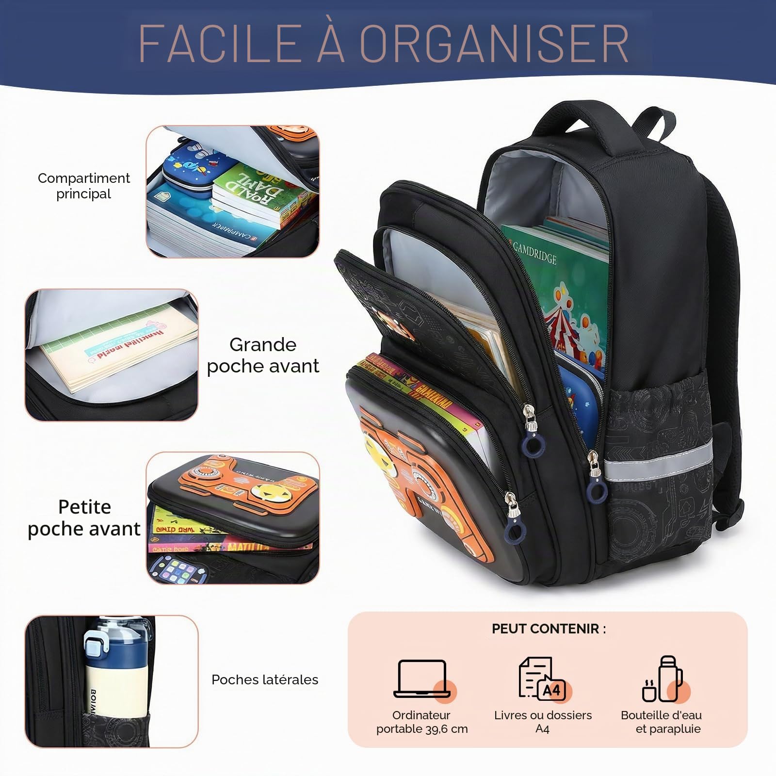 Amythe Cartable Garçon CP-CM2 Réfléchissant École