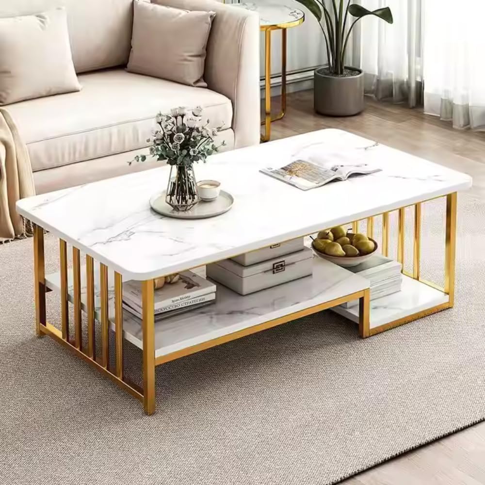 Brown Art SHOPPEE 3-Tier Rectangular Center Coffee Table, Faux Marble Table with Open Storage Shelf, Black Finished Metal Frame, Modern Center Table for Living Room, Reception Room (Gold & White)-image-40