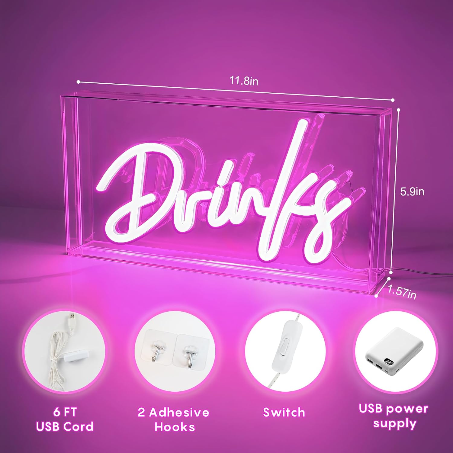 Drinks Neon Sign, Drinks Signs USB LED Desk Lightbox with ON/OFF Switch, Light Up Sign for Table Decor, Home Bar, Kitchen, Club, Pub, Restaurant Wall Decor & Bar Cart Accessories (Pink) image 5