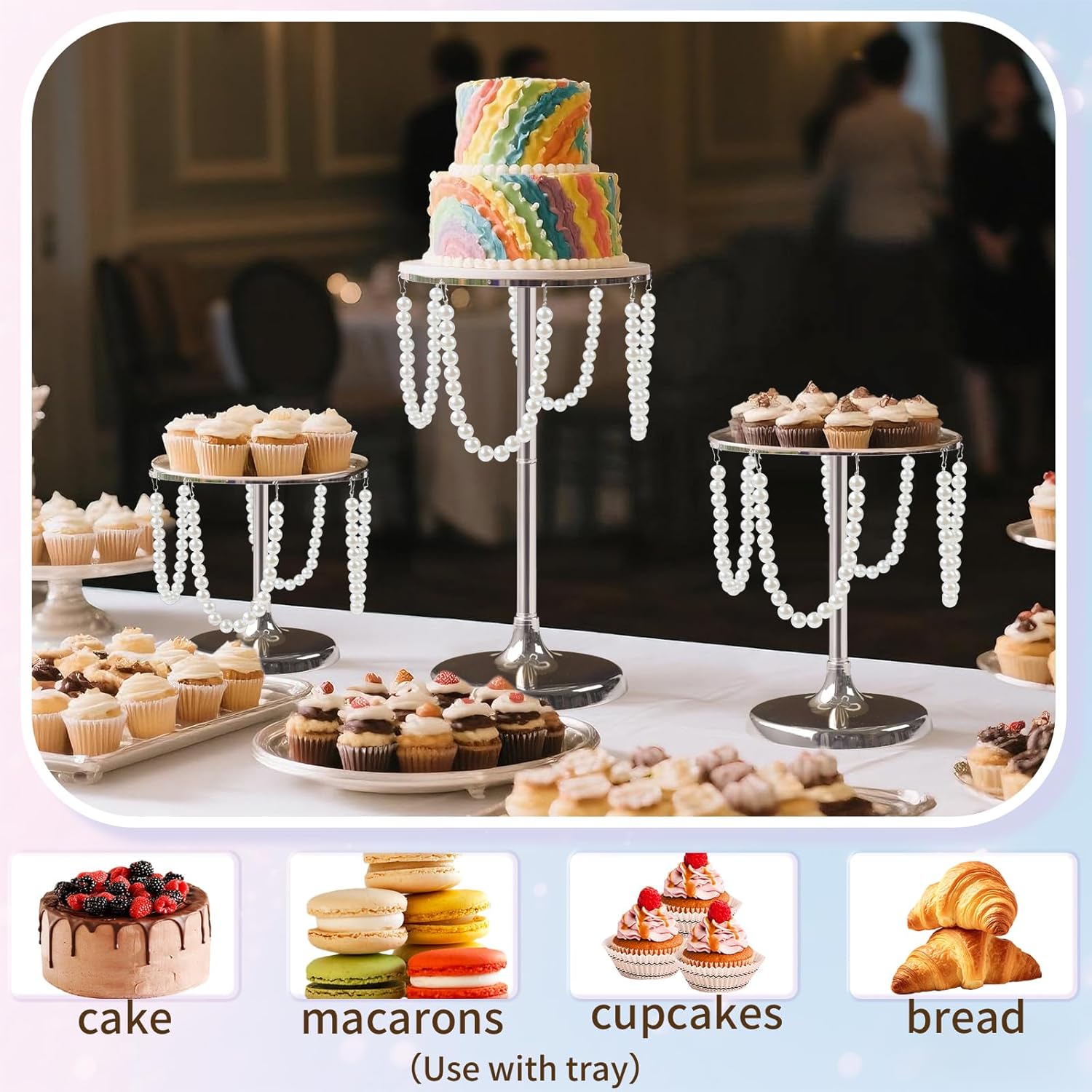 Round Pearl Cake Stand, Dessert Table Metal Cake Display Stand Set with Pearl Pendant Wedding Birthday Cake Base Stand for Wedding Anniversary Birthday Party Celebration (Silver-Set of 6)