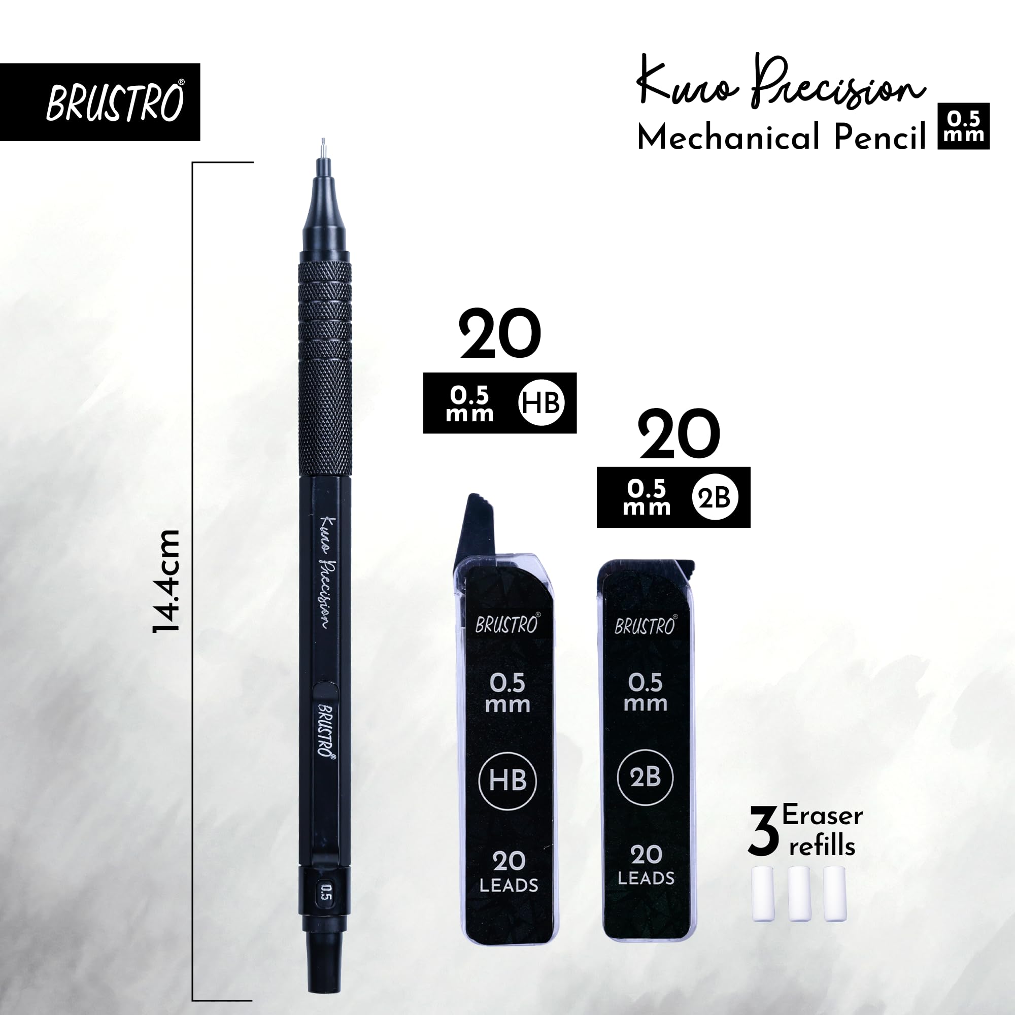 BRUSTRO Kuro Precision Mechanical Pencil | Tip Size - 0.5mm With 20 - HB and 20-2B leads, 3 Eraser Refills| Ideal For Writing, Sketching, Drawing, Mandala Arts and Fine Art Students 3