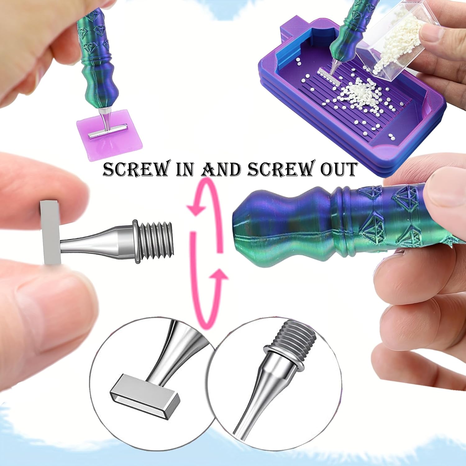 Diamond Art Pen, Include 1,3,6,9, Screw Threaded Steel Nibs and Diamond Painting Trays with Lids, Diamond Art Accessories and Tools for 5D Diamond Painting Beads, Drill Bead Dot Pen Kit (Blue Green)