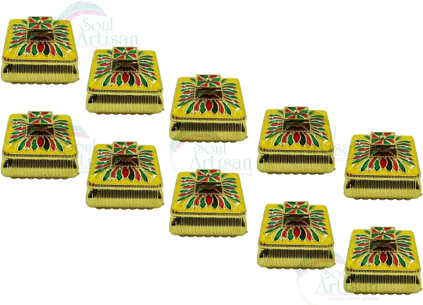 Square Design Single Kumkuma Holder Chimil Box - Plastic Golden Metallic Color(Pack of 10) - Decorative Art Design Tilak Daani, Sindoor for Women Return Gift, Diwali, Weddings, Pooja