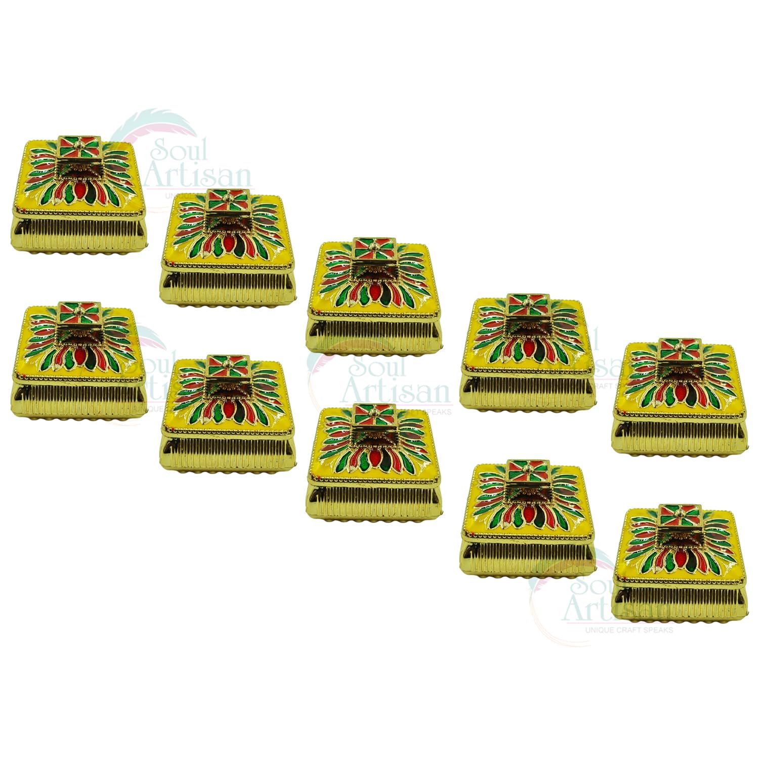 Soul Artisan Square Design Single Kumkuma Holder Chimil Box - Plastic Golden Metallic Color(Pack of 10) - Decorative Art Design Tilak Daani, Sindoor for Women Return Gift, Diwali, Weddings, Pooja
