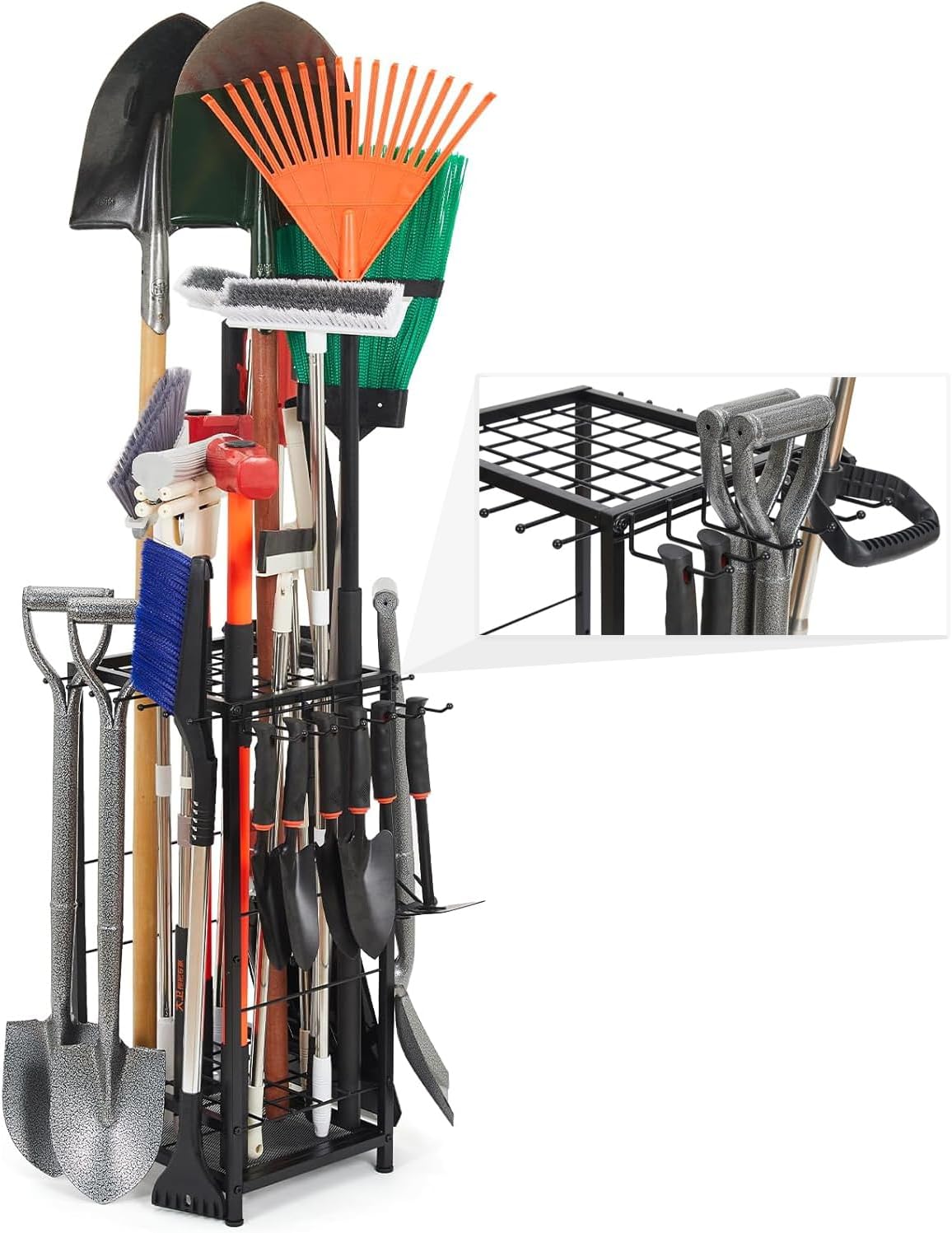 YOUWE7 Garden Tool Organizer, Yard Tool Tower Rack for Garage Organization and Storage, Up to 35 Long-Handled Tools/Rakes/Brooms, Heavy Duty Steel Garden Tool Stand for Shed, Outdoor, Black