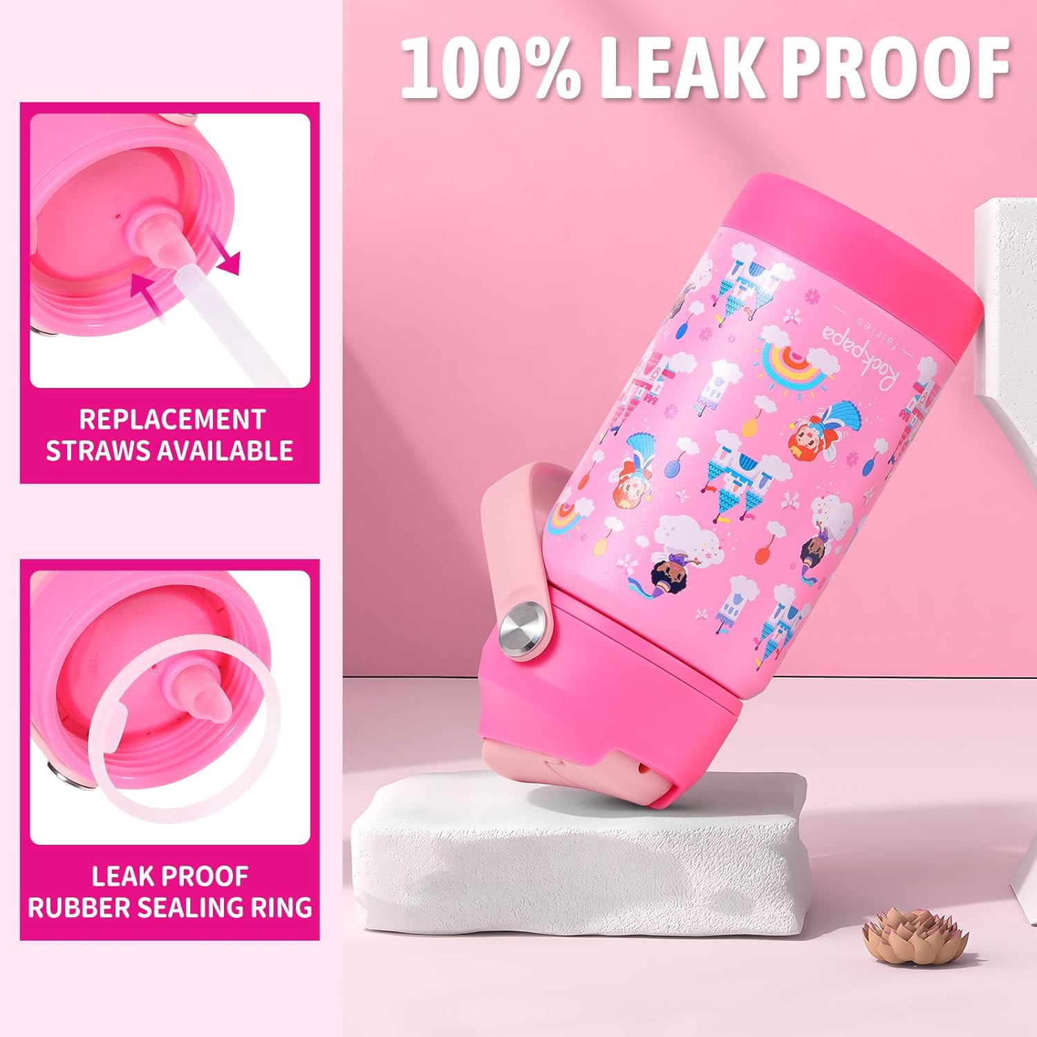 rockpapa 14 oz Kids Insulated Water Bottle,Stainless Steel Toddler Cups with Straws, BPA Free, Leak-Proof, Kids Water Bottle for School Boys& Girls (Pink Fairies) - Image 4