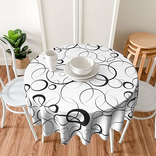 Miniatura 7 de Mantel decorativo de poliéster lavable estilo línea circular color negro bohemio, mantel redondo impermeable de 60 pulgadas