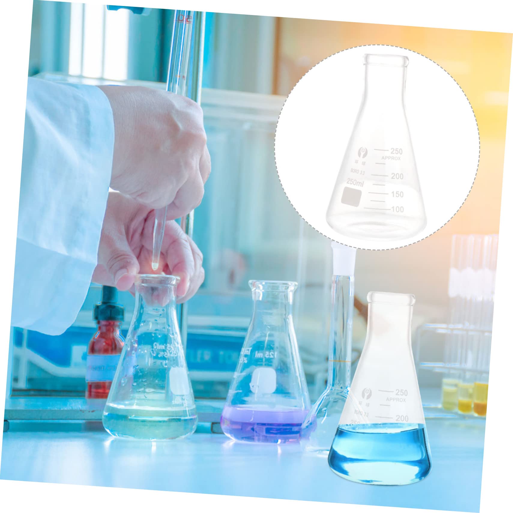 Beuta Conica in Vetro Borosilicato 4 Pezzi per Laboratorio | Forma Triangolare a Collo Largo, senza Bave e Misurazione Accurata, per Scuola e Lezioni di Chimica