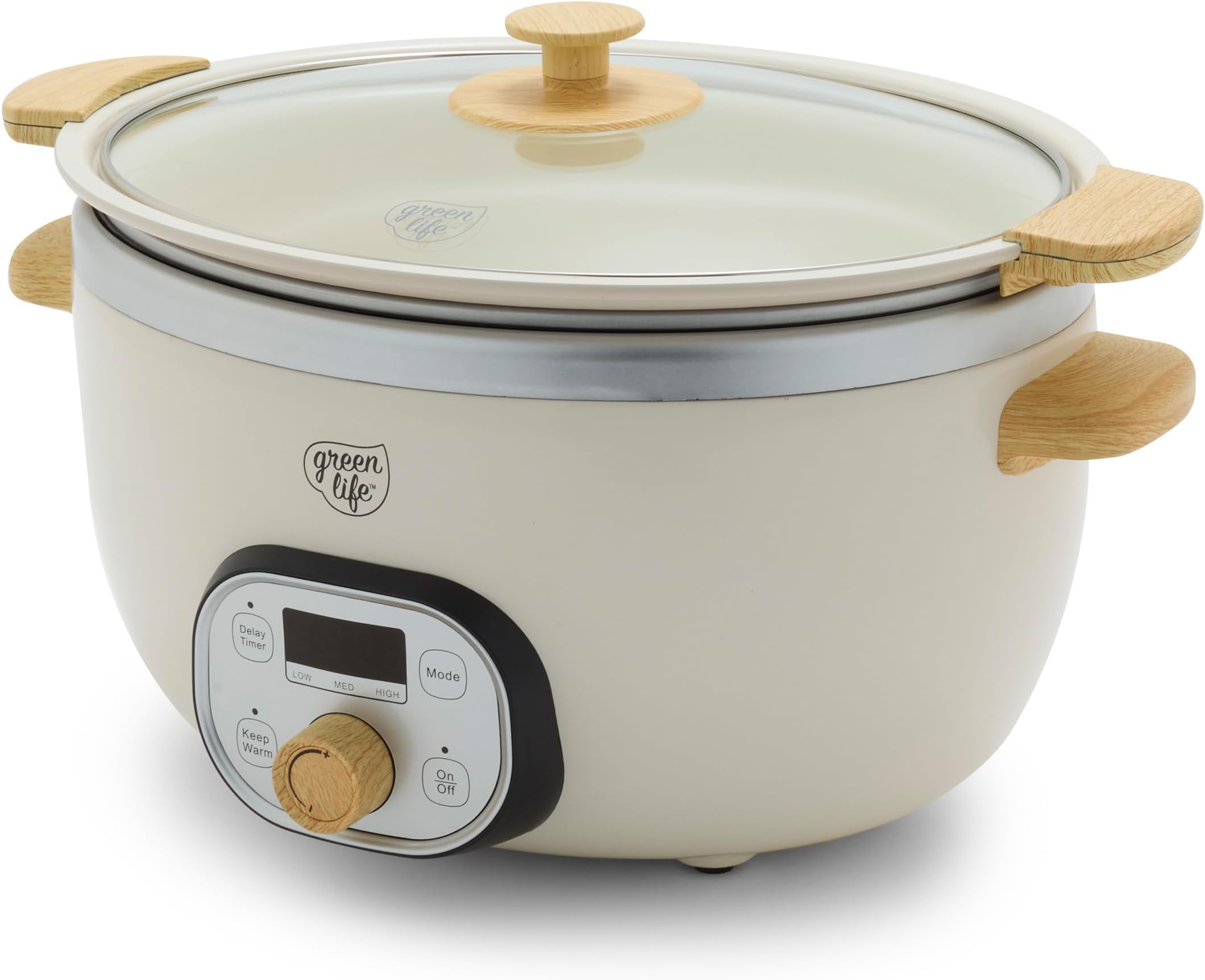 6 Quart Ceramic Slow Cooker, PFAS-Free, Programmable, Removable Healthy Nonstick Pot for Family Meals, Sear on Stovetop, Keep Warm, Digital Timer, Dishwasher Safe Glass Lid & Crock, Cream