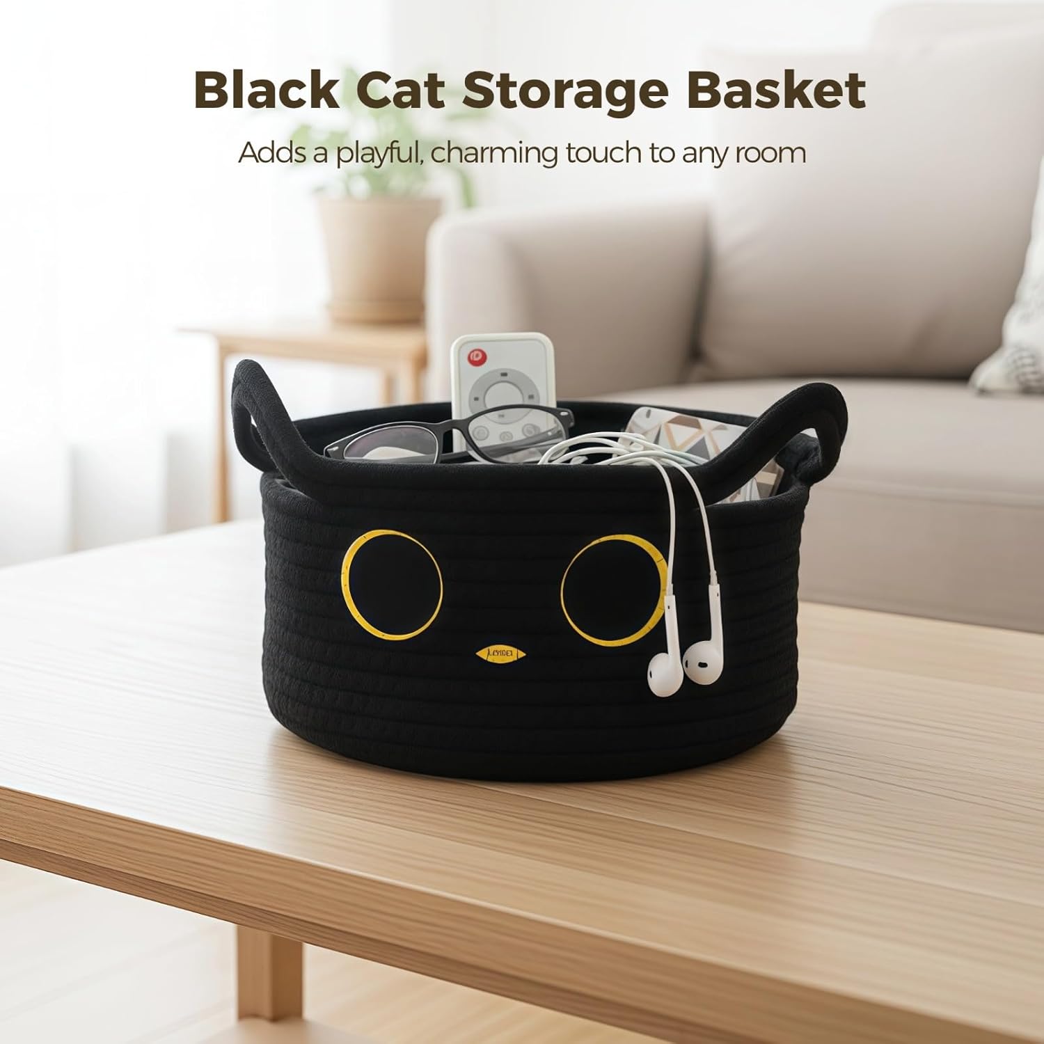 Black Cat Storage Basket, Cotton Rope Woven Bin with Cat Ears, 8.7 x 4.7 in Desktop Organizer for Nursery and Rooms, Embroidered Face