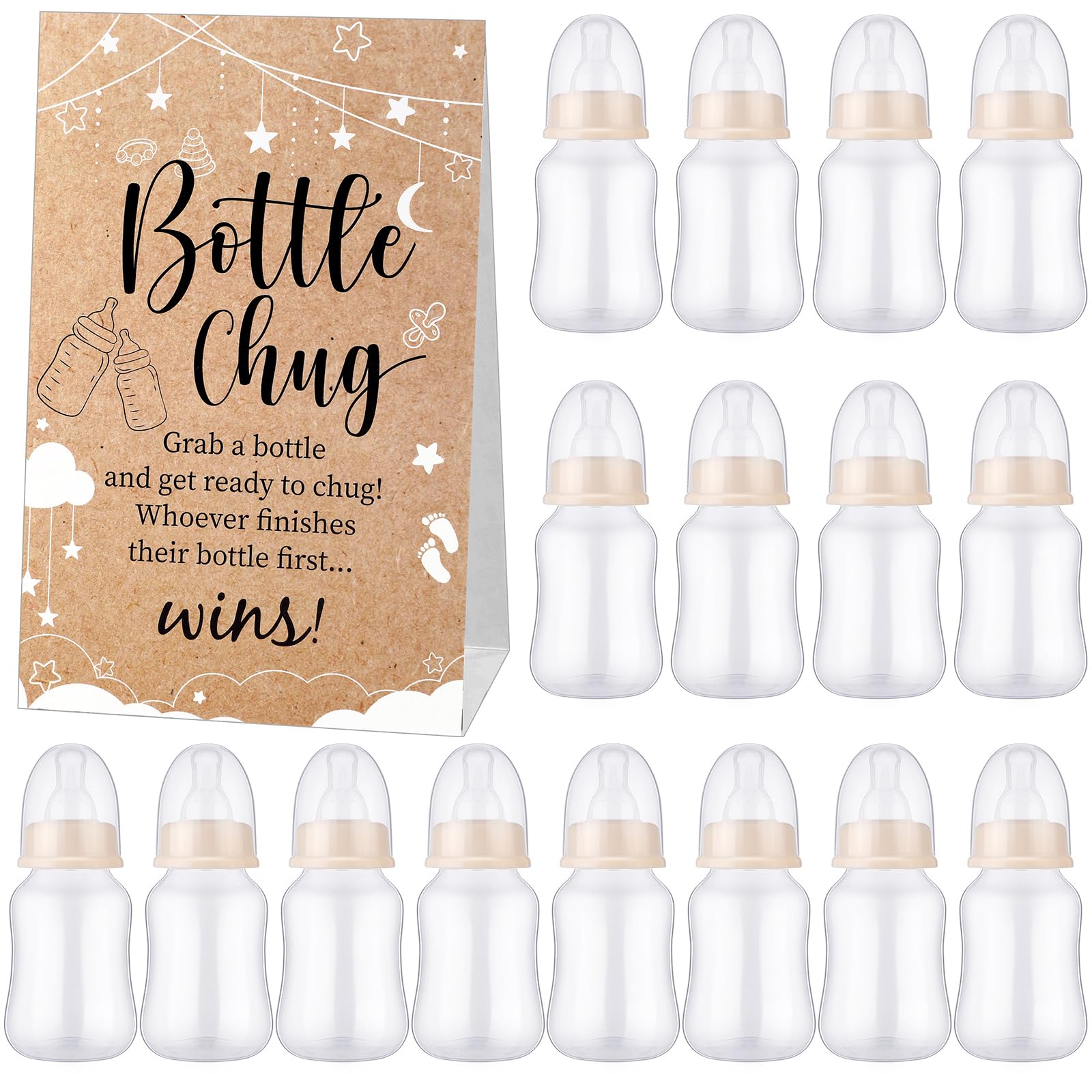 TrelaCo Bottle Chug Baby Shower Game 20 Pcs Baby Bottles Shower Favor with 1 Kraft Theme Sign for Gender Reveal Party Supplies Gifts(Beige)