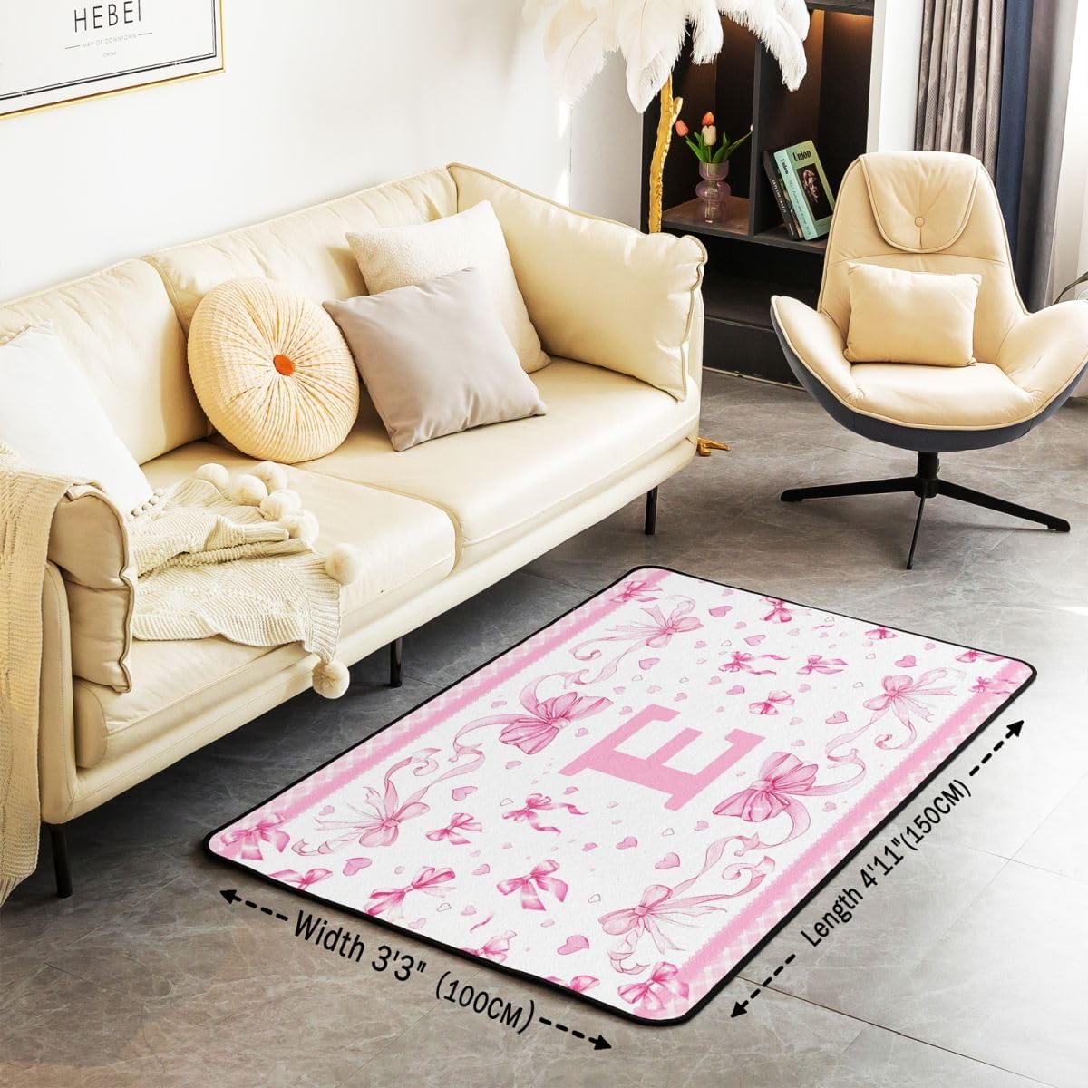 jejeloiu Pink Bowknot Area Rug 3x5 Polyester Initial Letter E Living Room Rugs for Bedroom Cute Bow Alphabet Decor Carpet Love Heart Indoor Floor Mat Soft Non-Slip