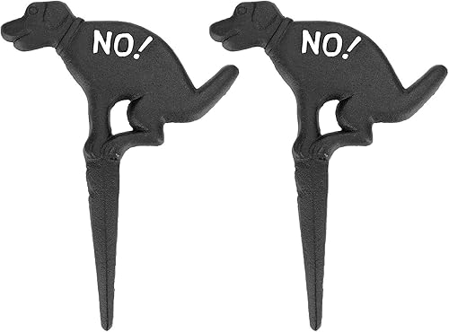 JUXYES Paquete de 2 estacas de hierro fundido para el patio de No Pooping Yard, No Dog Allowed Poop Spike Guías de Manguera de Jardín Estaca Negro