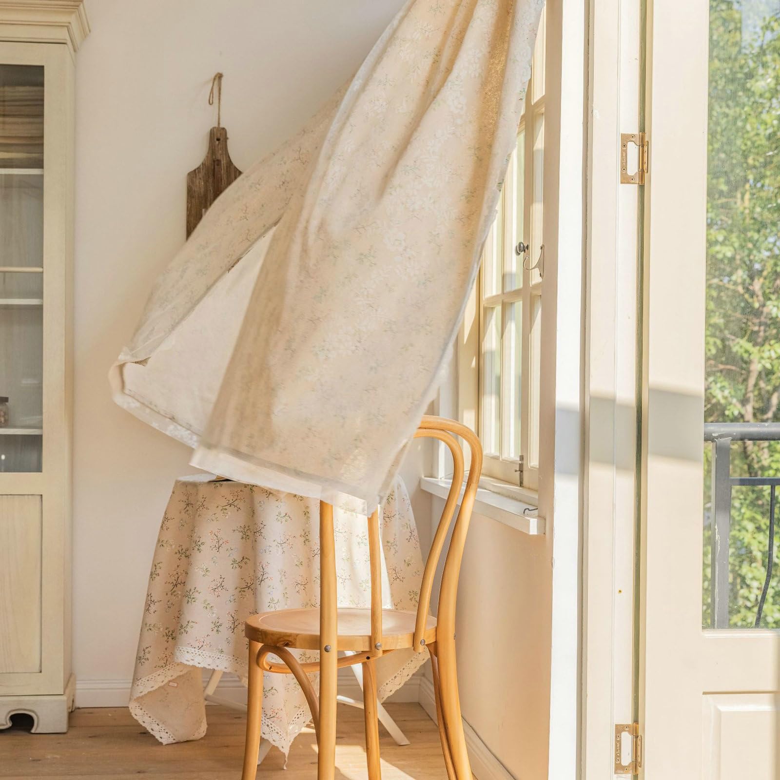 Rideaux beige imprimé fleur 280x260cm avec crochets style champêtre