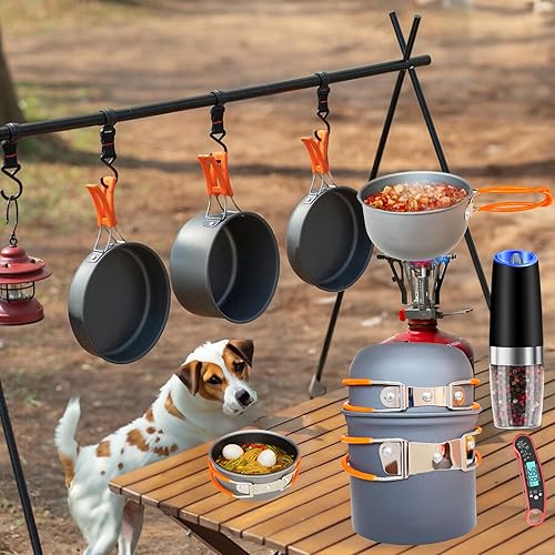 Miniatura 5 de Juego de utensilios de cocina antiadherentes compactos, incluye ollas, sartenes, estufa, hervidor, platos y utensilios para mochileros, senderismo y