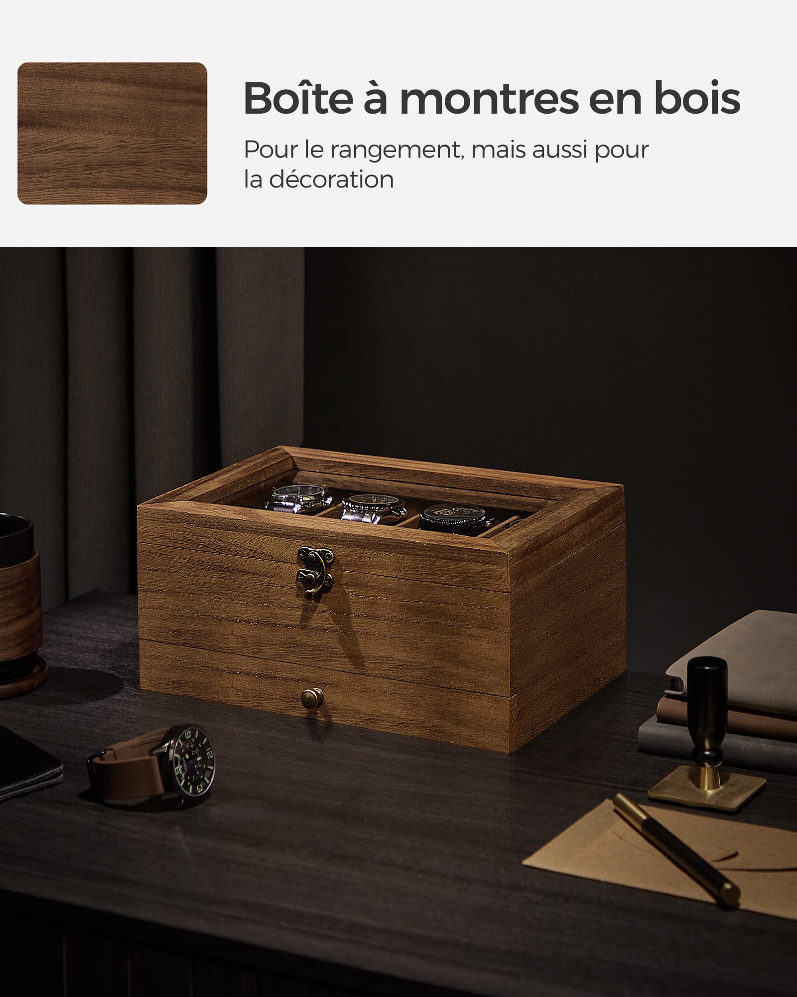 SONGMICS Boîte à Montres 8 Emplacements, Écrin à Montres en Bois, avec Couvercle en Verre, Coussinets pour Montres, Doublure en Velours, Coffre à Bijoux, Couleur Noisette JOW008K01