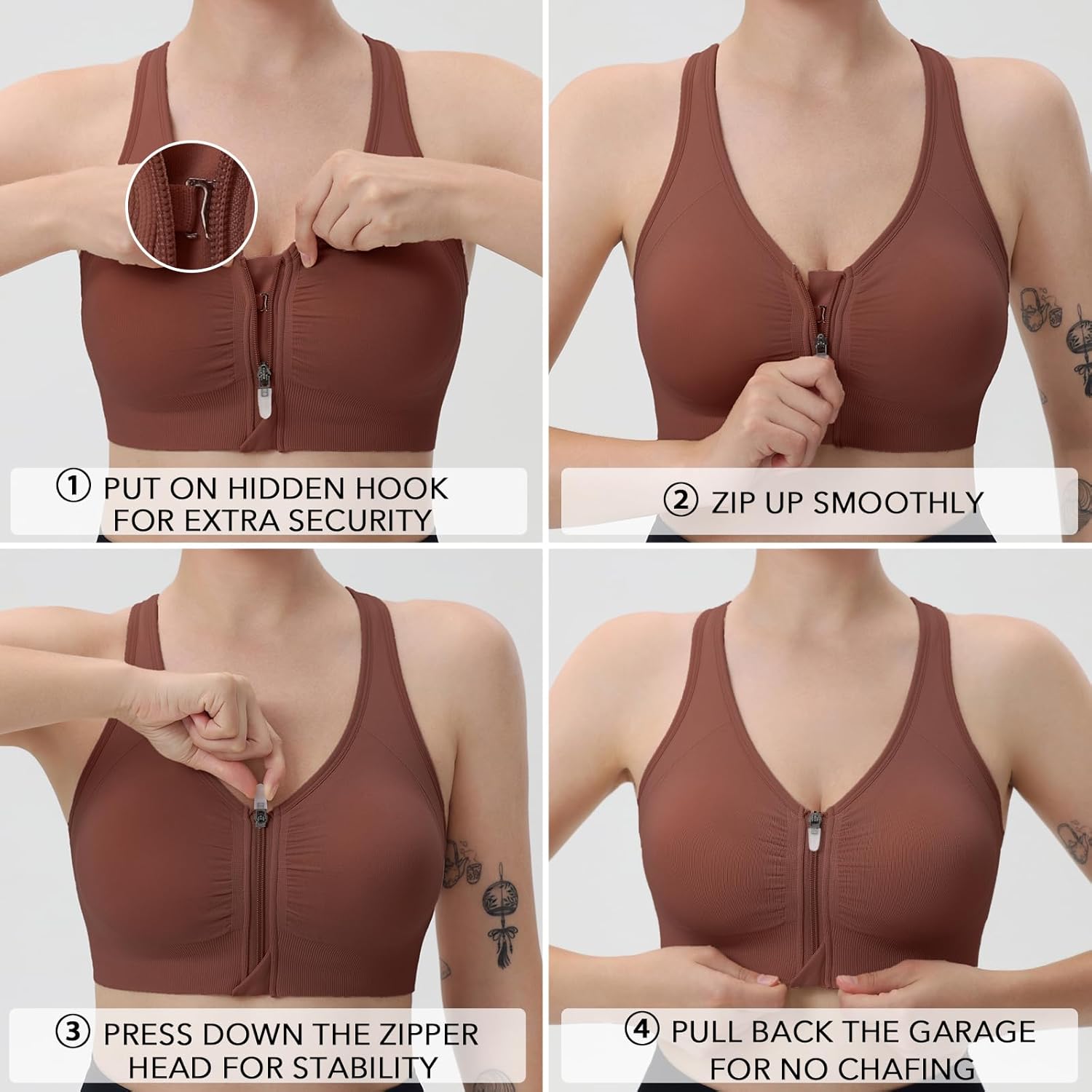 Evercute Women's Zip Front Sports Bras Wireless Padded Racerback Medium Support Post-Surgery Bra Yoga Exercise Athletic Bras - Image 3