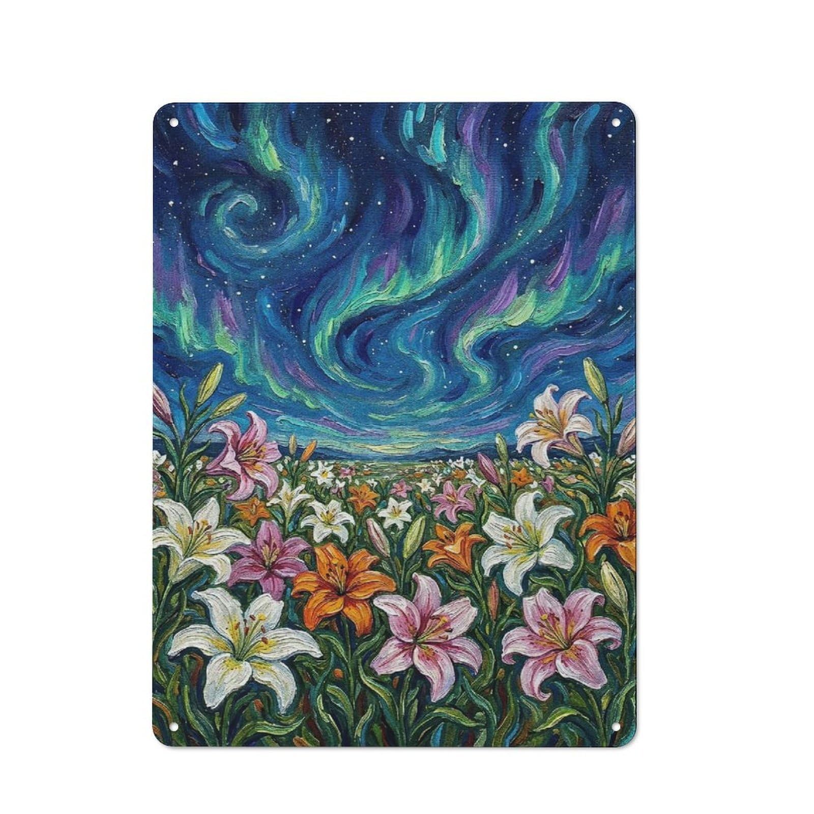 Lily Field Under Aurora Borealis Painting Decorative Tin Plaque 40x30cm, Decorative Novelty Wall Art for Hallway, Home Bar, Garage Or Study