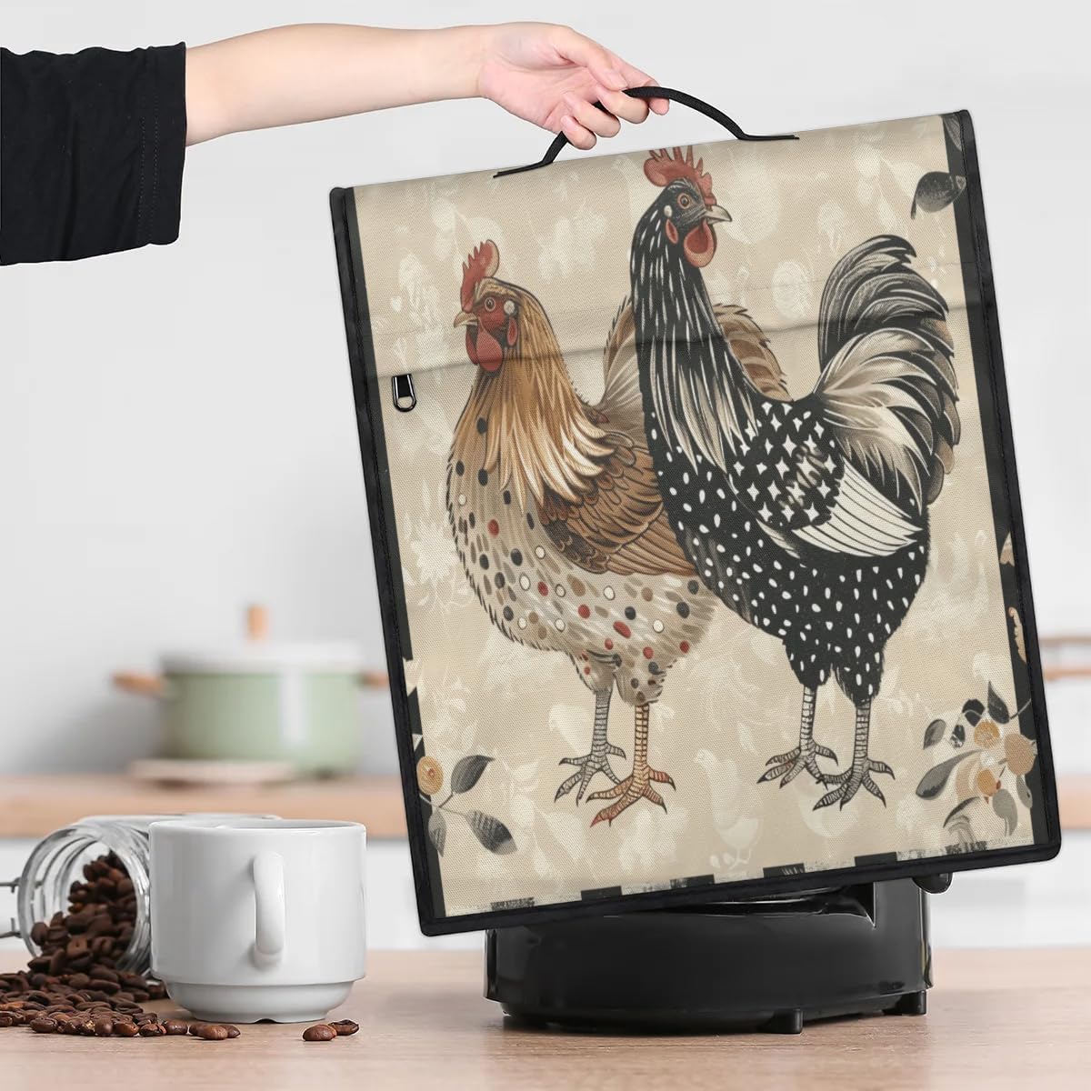 Vintage Chicken Mixer Cover Leaves Rustic Farm Rooster Coffee Maker Cover Stand Mixer Covers Compatible with 6-8 Quart Tilt Head Bowl Lift Dust Cover with Pockets for Accessories