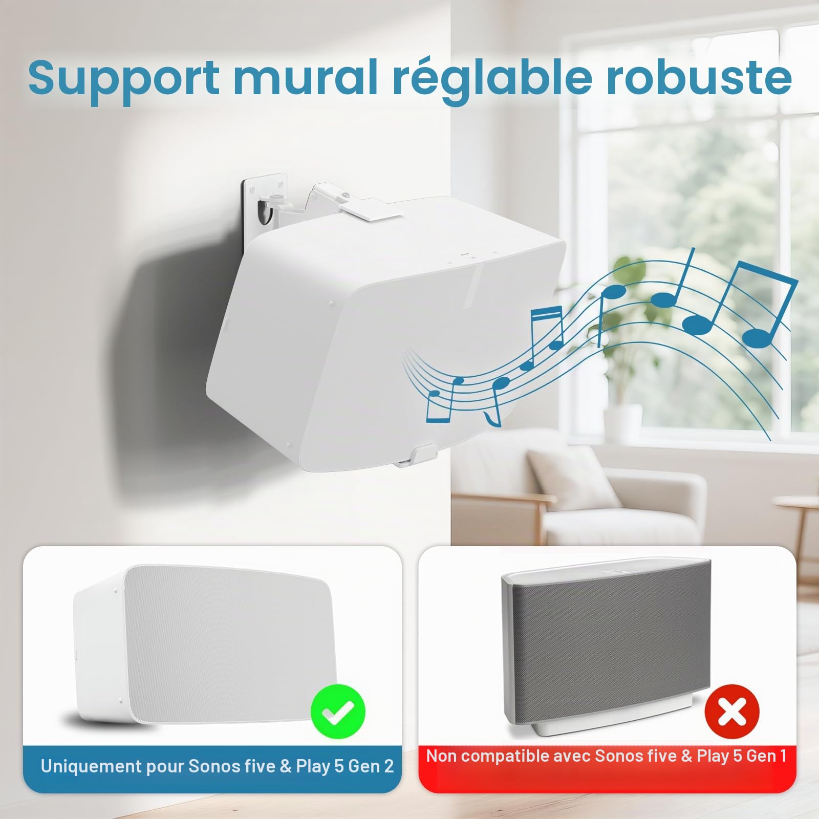 Support Mural Robuste pour Haut-Parleur Sonos Five & Play 5 Gen 2 - Inclinaison et pivotement réglables - Blanc