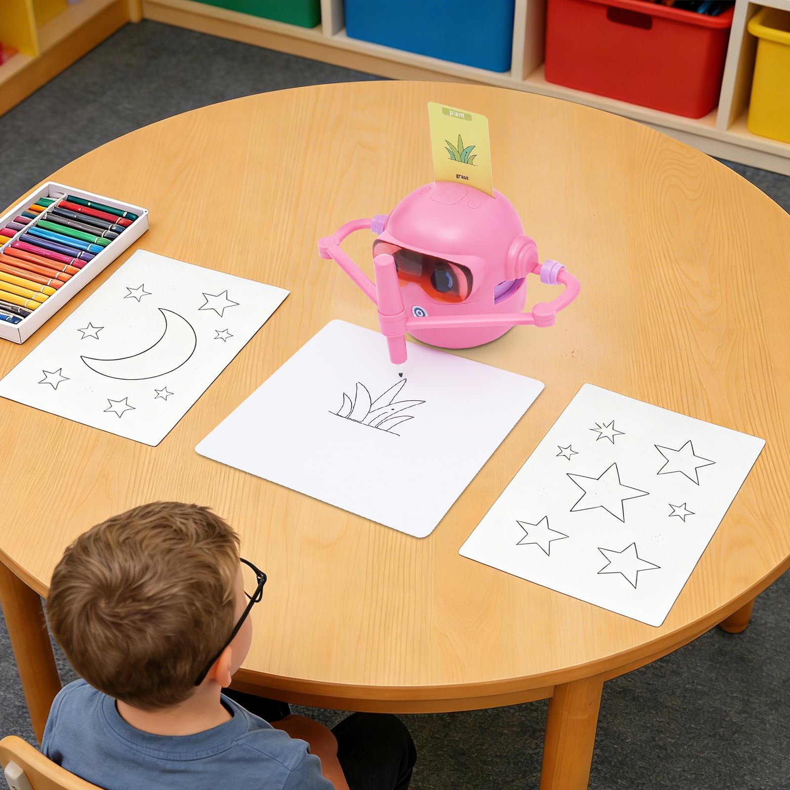 Zeichenroboter Für Kinder, Lernspielzeug Zum Zeichnen | Mit 100 Karten & 12 Farbstiften, Automatische Zeichenfunktion, ABS-Material Rosa, Für Kinder Von 3 Bis 10 Jahren