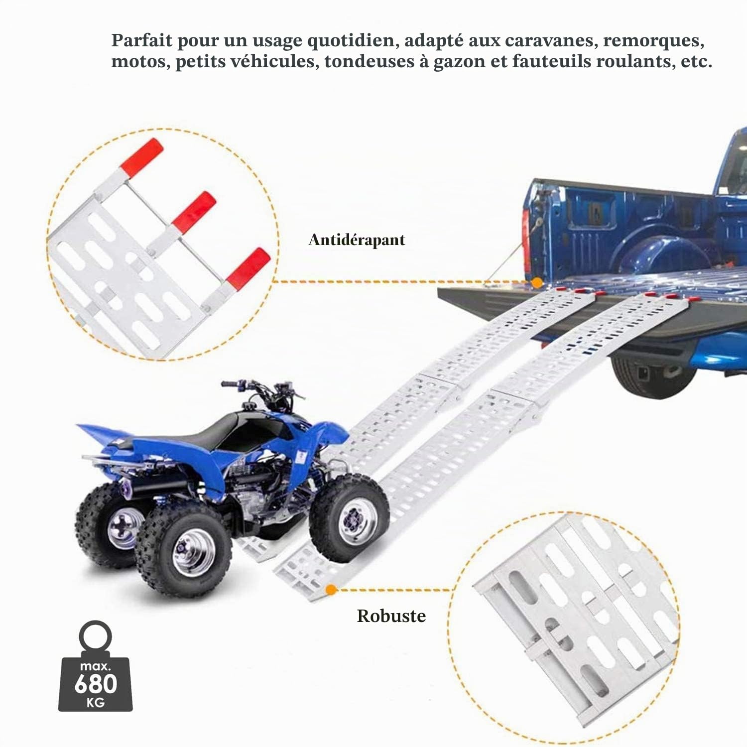 Lospitch Lot de 2 rampes de chargement pliables en aluminium pour moto - 680 kg - Antidérapantes - Pliable - Pour quad, voiture