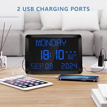 Raynic Digital Clock, 11.5 Large Display Calendar Clock with Day and Date, Indoor Temperature, Adjustable Brightness, Snooze,12/24H, DST for Home, Office, Elderly