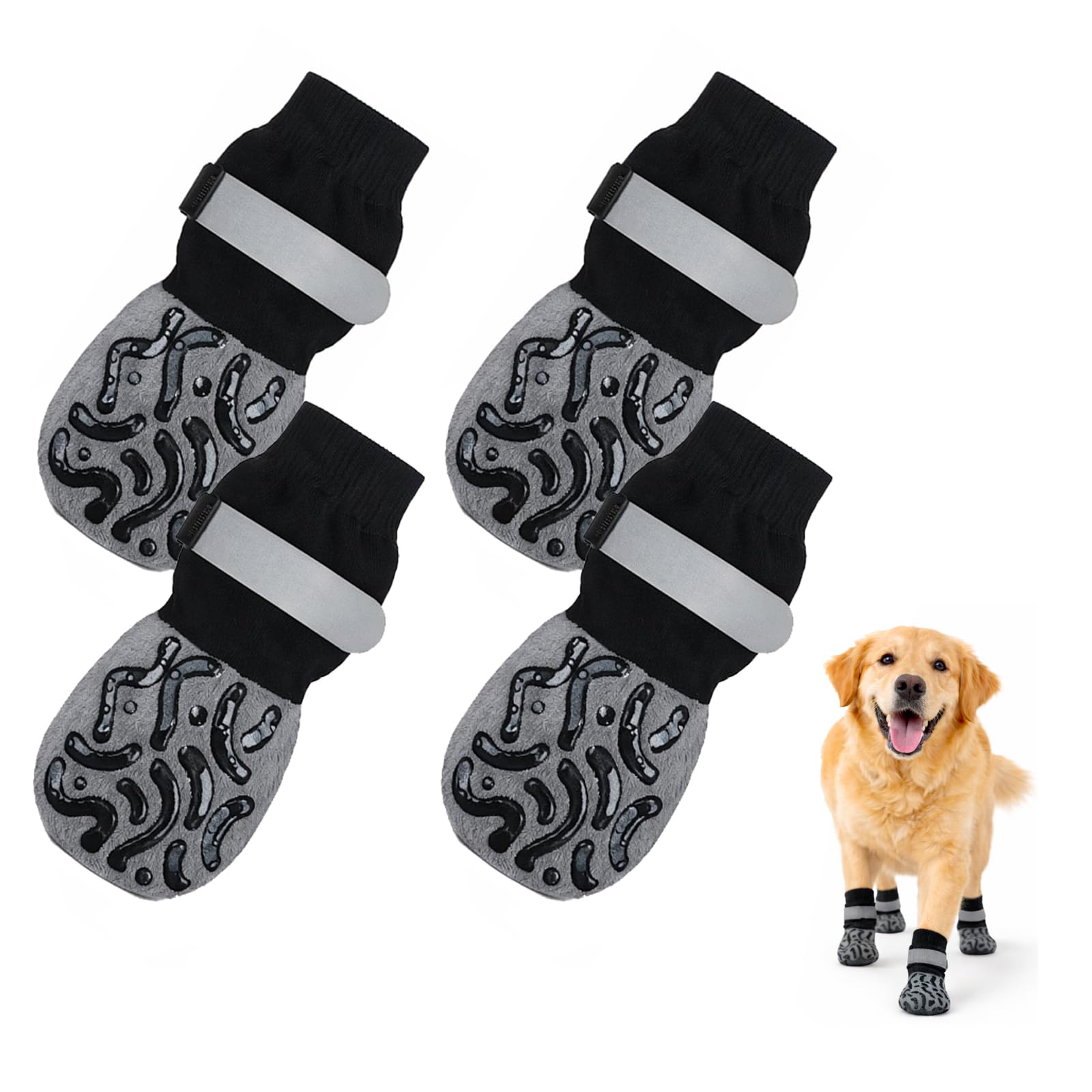 Anti-Slip Dog Socks with Reflective Straps for Paw Protection - Breathable Non-Slip Set of Four for Large Dogs on Indoor and Outdoor Surfaces, Grey Black Abstract Pattern Secure Fit