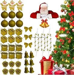 Kit 42 Enfeites de Natal para Árvore Vermelho ou Dourado | Bolas, Papai Noel, Laços, Presentes e Mais | Decoração Completa para Árvore, Guirlanda e Ambientes Festivos (DOURADO)