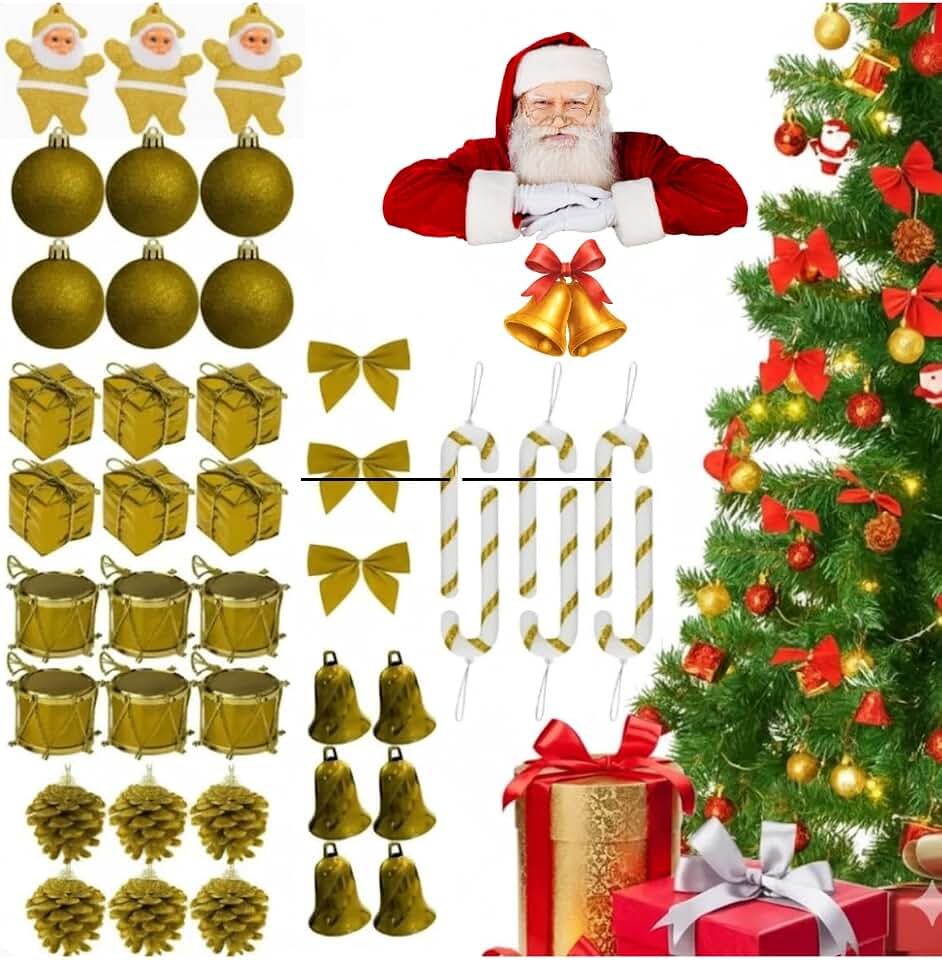 Kit 42 Enfeites de Natal para Árvore Vermelho ou Dourado | Bolas, Papai Noel, Laços, Presentes e Mais | Decoração Completa para Árvore, Guirlanda e Ambientes Festivos (DOURADO)