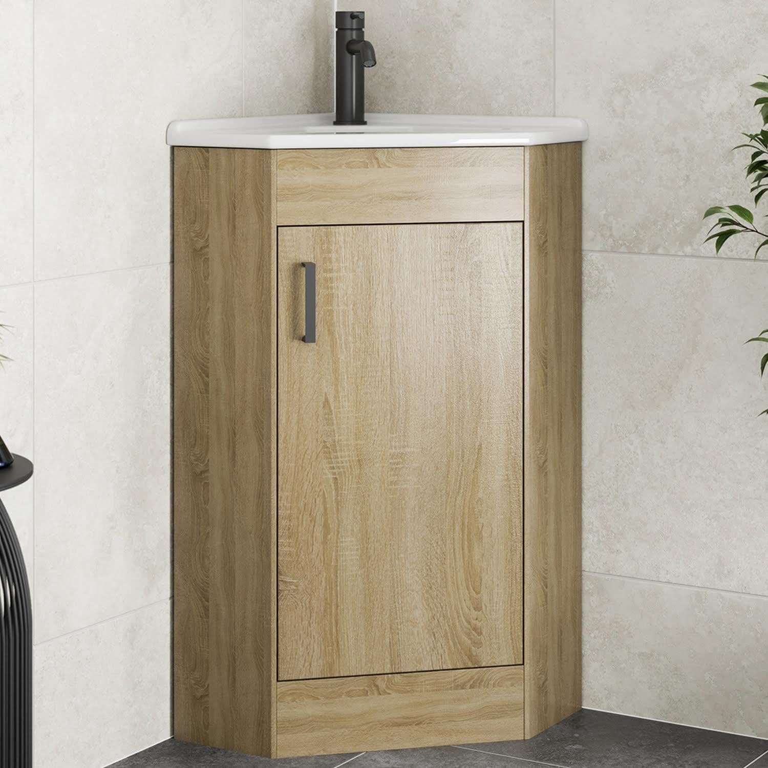 Affineยฎ 585mm Corner Vanity Unit Basin Sink Bathroom Storage Cabinet Cupboard Freestanding, Single Tap Hole Ceramic Wash Basins, Soft Close Door, Oak Wood Effect