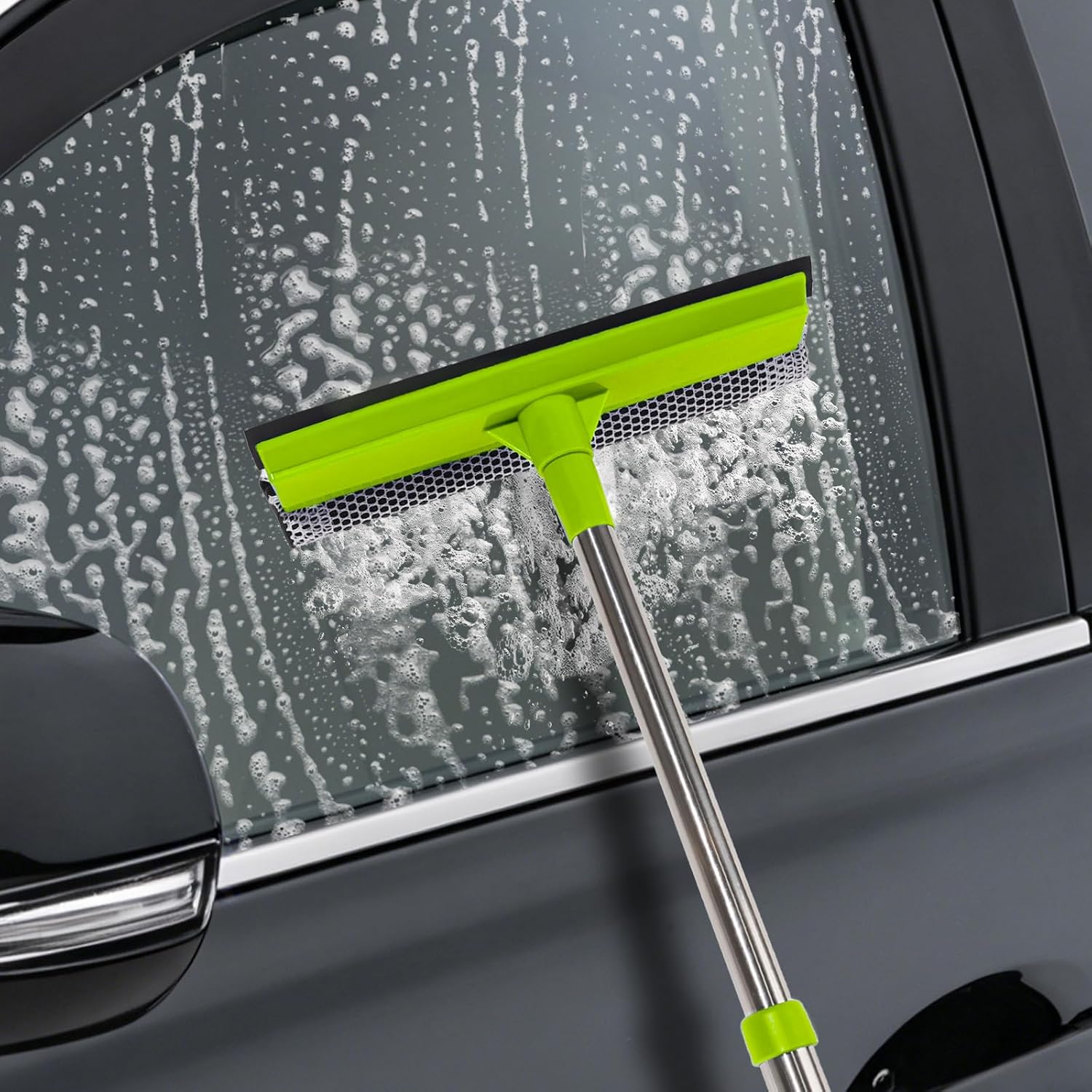 Window Squeegee with 15-24" Long Handle, 2-in-1 Squeegee Cleaner Tool, Retractable Stainless Steel Handle for Car Windshield, Shower Glass, Glass Doors, Outdoor Windows, High Windows