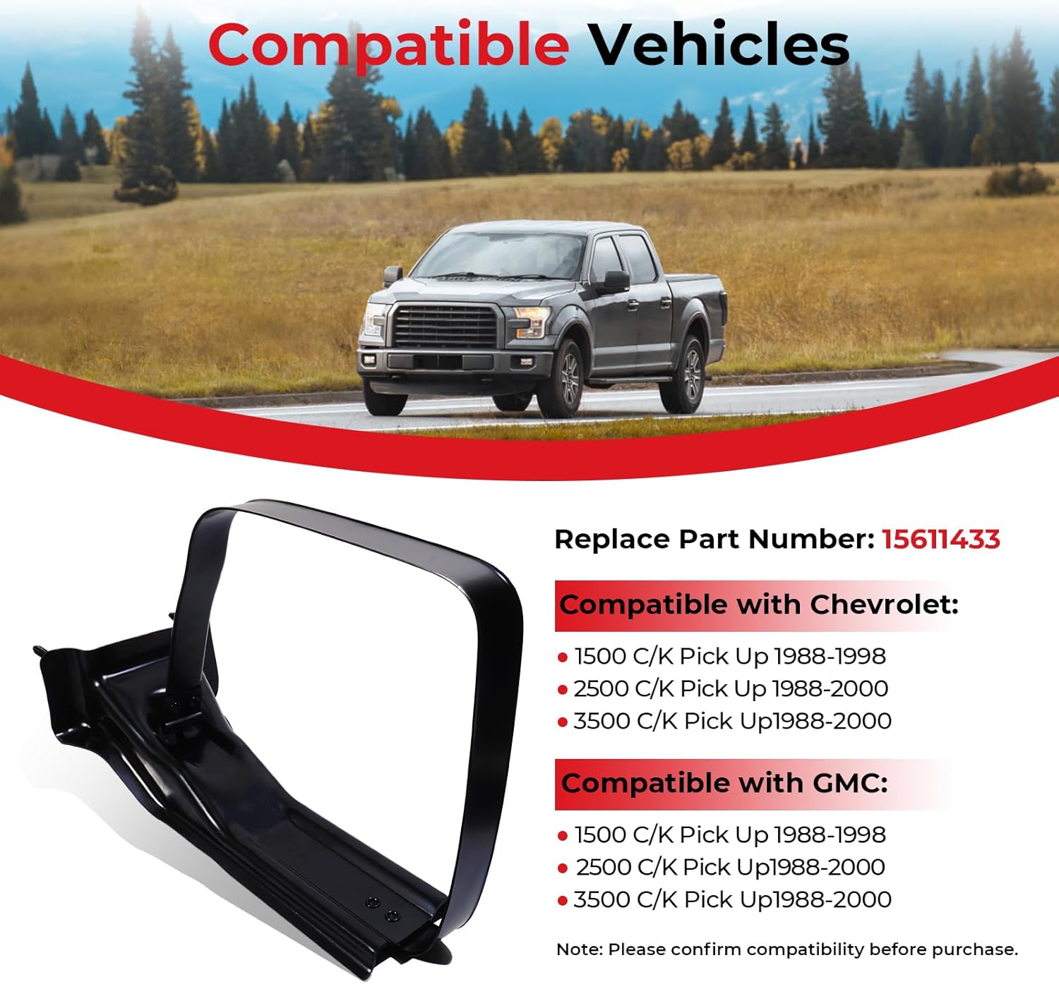 15611433 Fuel Tank Strap Compatible with 1988-2000 Chevrolet 1500/2500/3500 C/K Pick Up, for 1988-2000 GMC 1500/2500/3500 C/K Pick Up w/ 6' Bed-Electrophoresis Steel