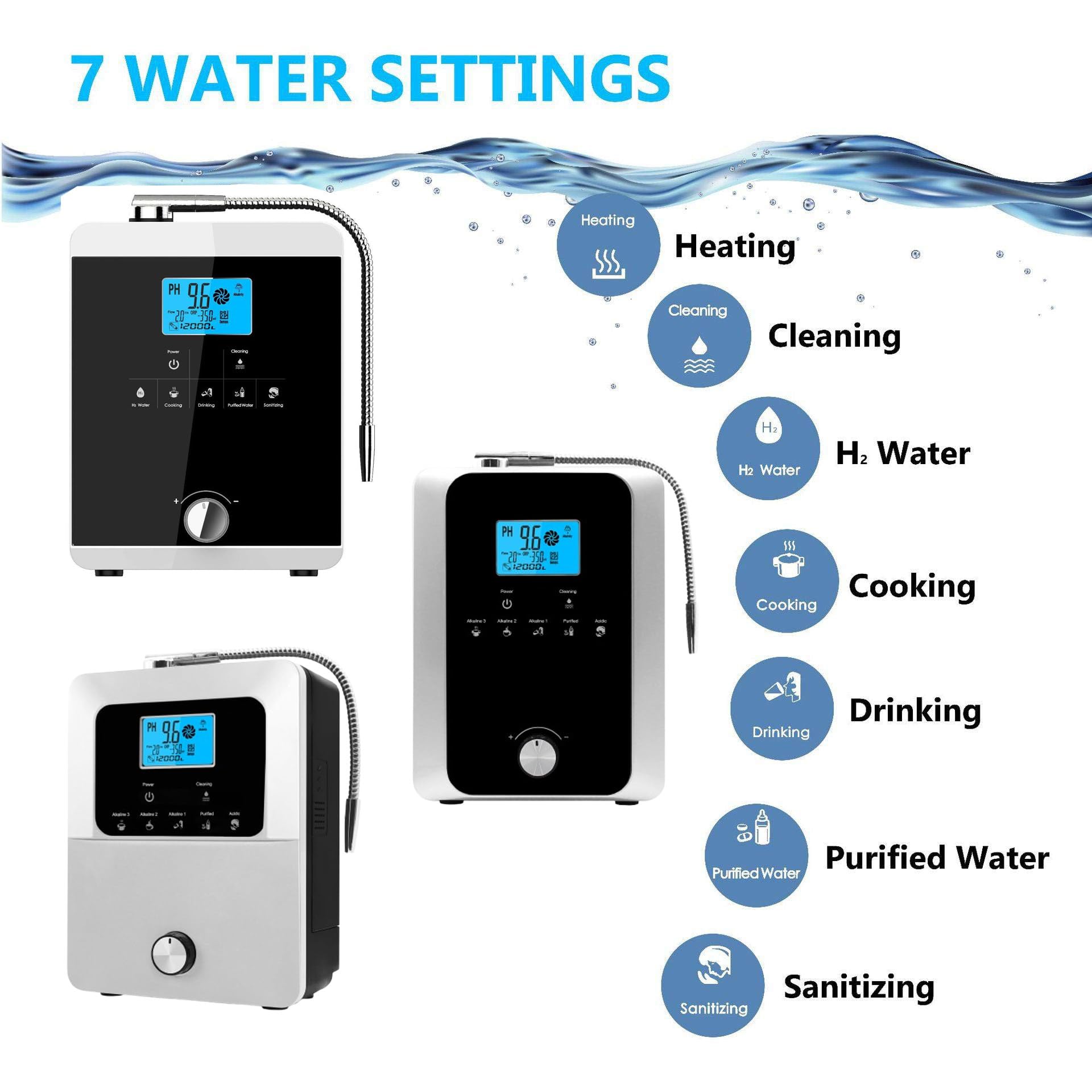 Generador de agua con hidrógeno de 2000 W, máquina ionizadora de agua, pH 3-11, ORP de 500 mV-800 mV, limpieza automática, filtro de agua con pantalla táctil LCD,Black-B