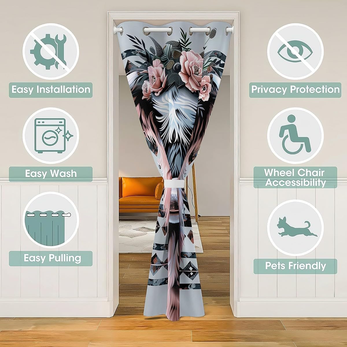 jejeloiu Highland Cow Door Curtain for Doorway Privacy 1 Panel, 42"x80" for Kids Boys Girls Teens Botanical Floral Printed 30%-50% Blackout Curtain Romantic Window Treatments