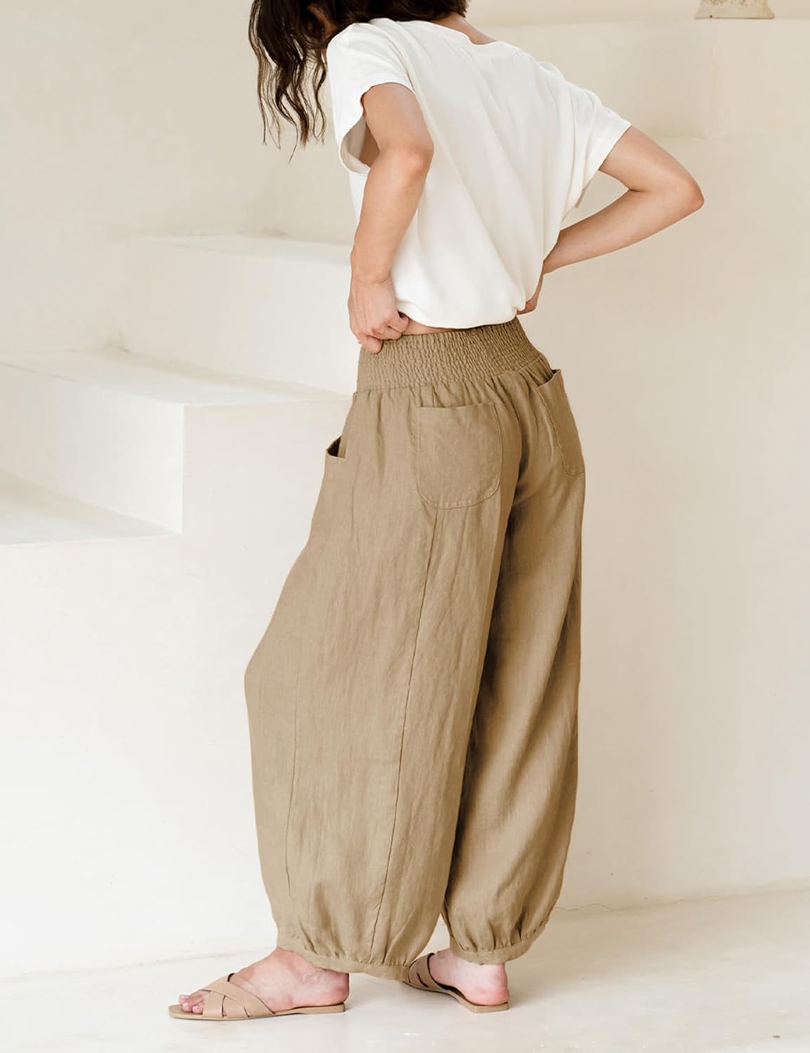 Xiaoxuemeng Womens Wide Leg Pants Cotton Linen Barrel Pants Elastic Waisted Lounge Trousers with Pockets - Image 3