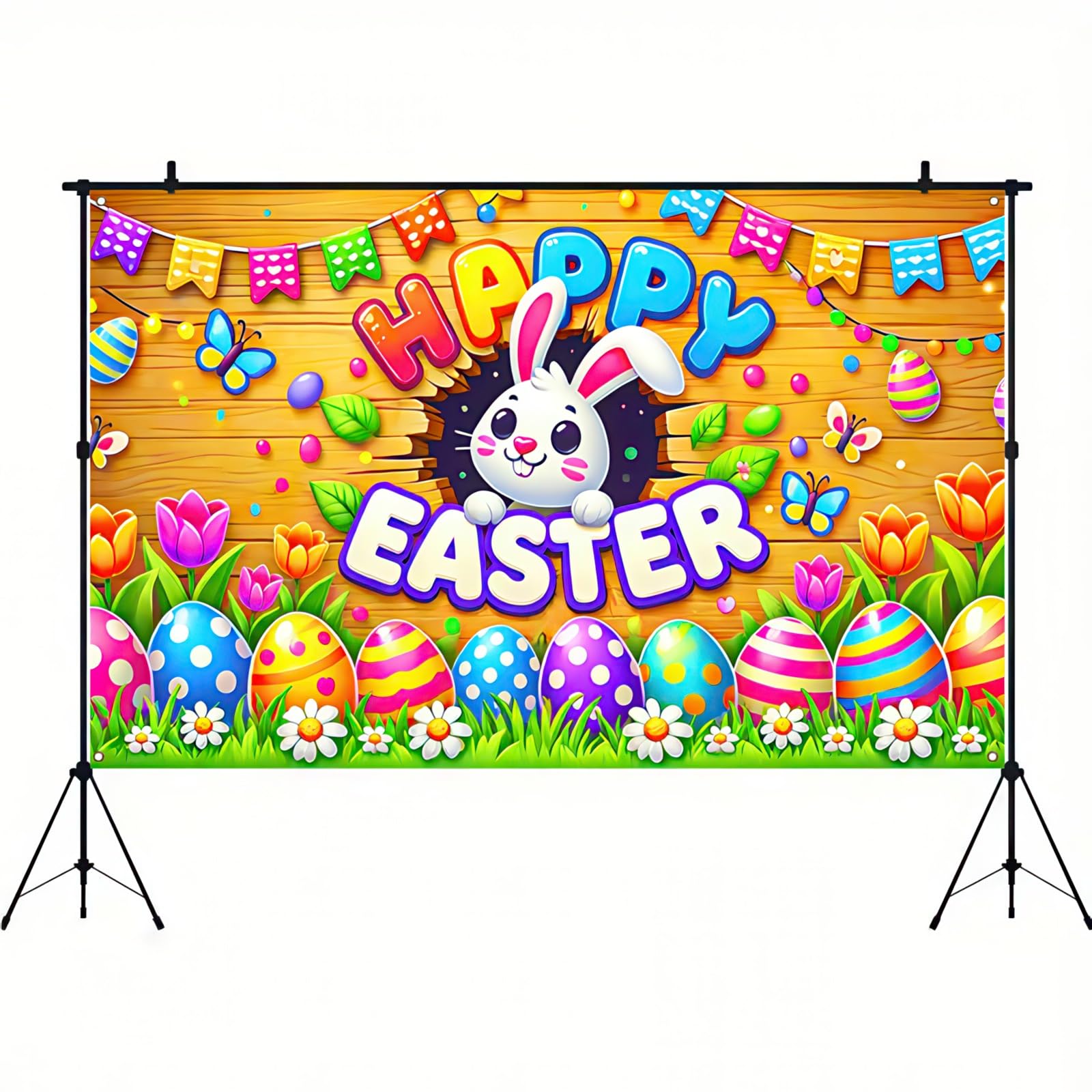 BlissYard Happy Easter Party Backdrop Banner Cartoon Bunny Backdrop 71x43 Inch Spring Easter Cute Rabbit Colorful Eggs Floral Background Photography Easter Baby Shower Party Photo Booth Props