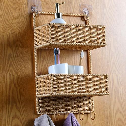 Miniatura 4 de Angoily Cesta clasificadora de almacenamiento tejida de 2 niveles con 5 ganchos, cesta de frutas colgante de ratán para cocina, verduras,