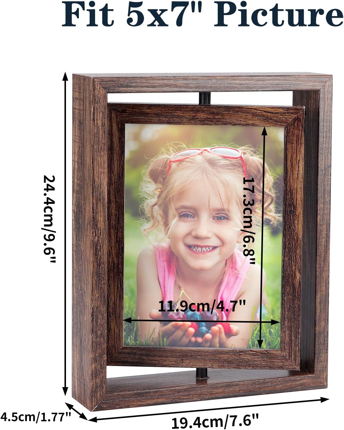 EXYGLO 2 Pack 5x7 Picture Frames Rotating Floating Photo Frame Wooden 2 Sided Frames for Vertical or Horizontal Tabletop Display