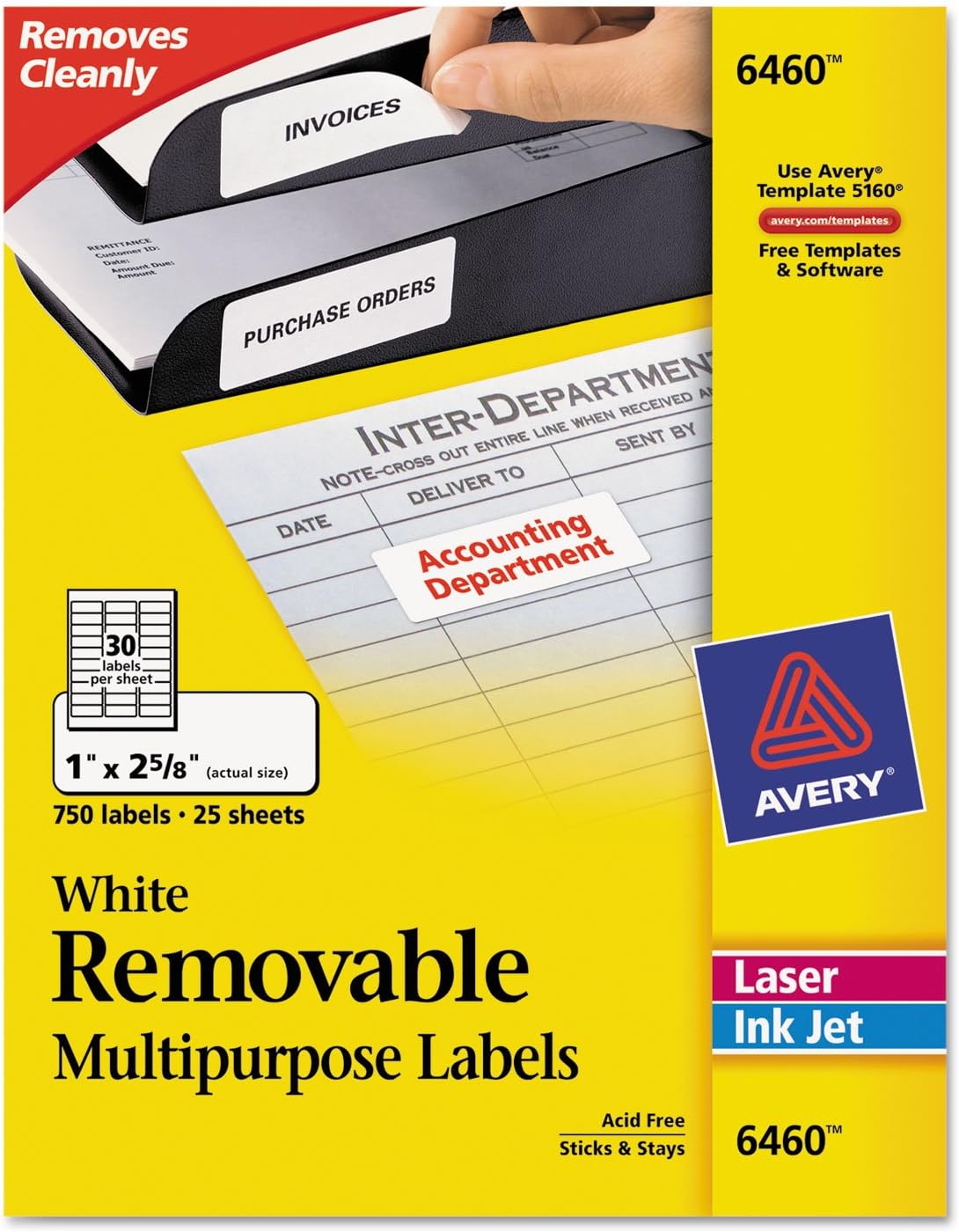 Avery 6460 Laser/Inkjet Labels,Removable,1Inch x25/8