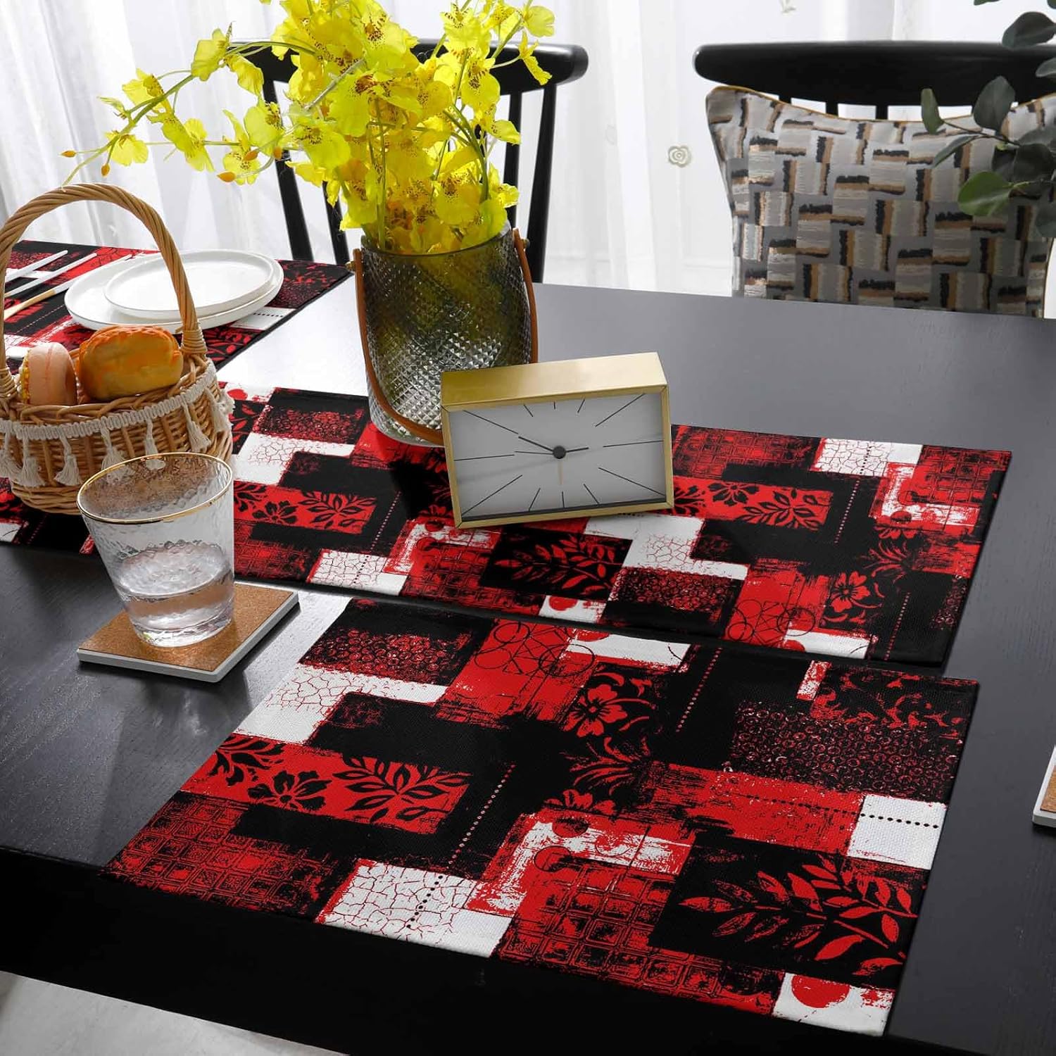 Red Black Table Runner and Placemats for Dining Table, Burlap Coffee Table Runner 72 Inch Long Modern Abstract Art Botanical Washable Table Mats for Kitchen Party Farmhouse Placemats Set of 6