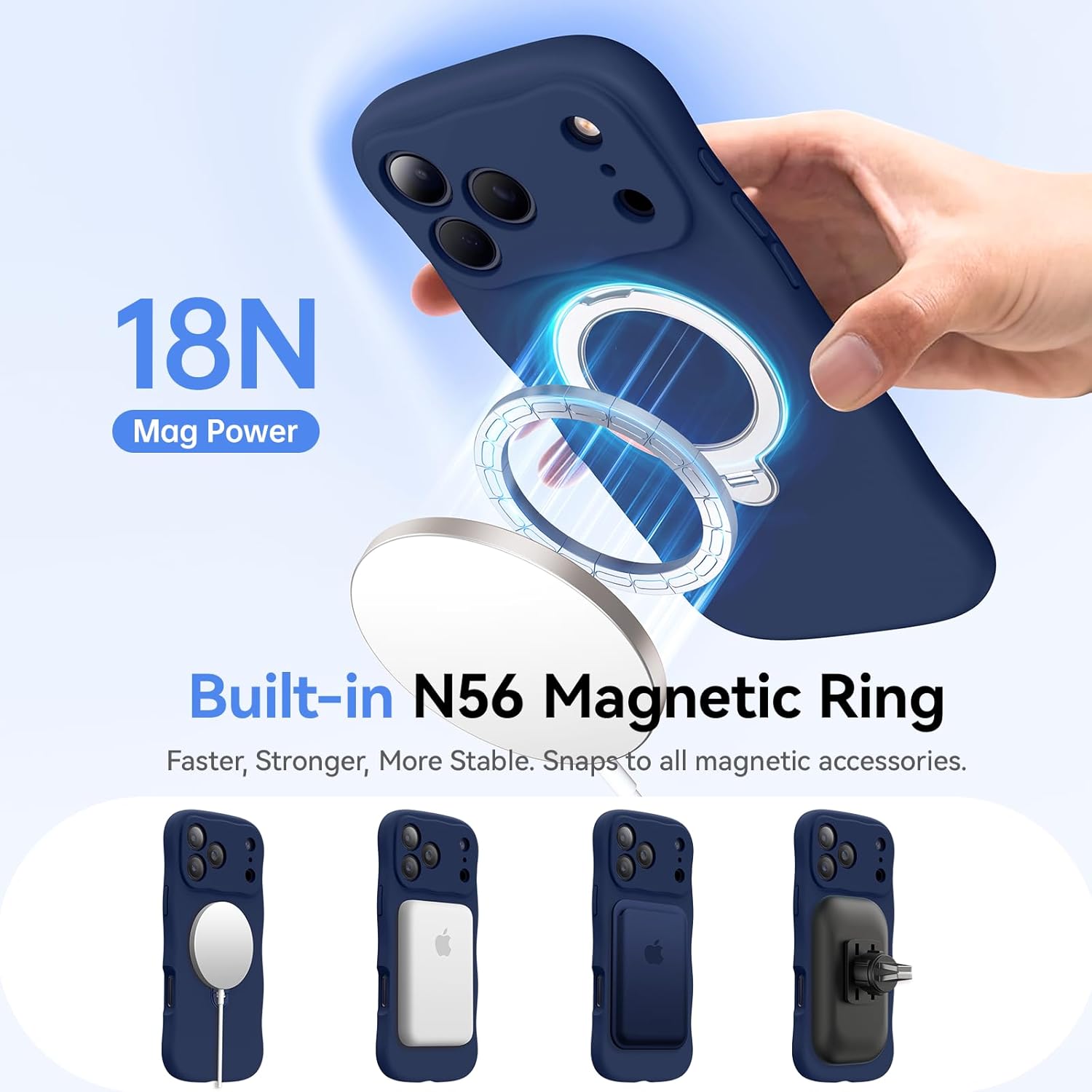 360 Spin Silicone Stand (Pro-Version) for iPhone 17 Pro Max Case: Cute Wavy [Full Camera Protection] (Fit for MagSafe) Shockproof Women Girl Phone Case for iPhone 17 Pro Max 6.9", Midnight Blue - Image 6