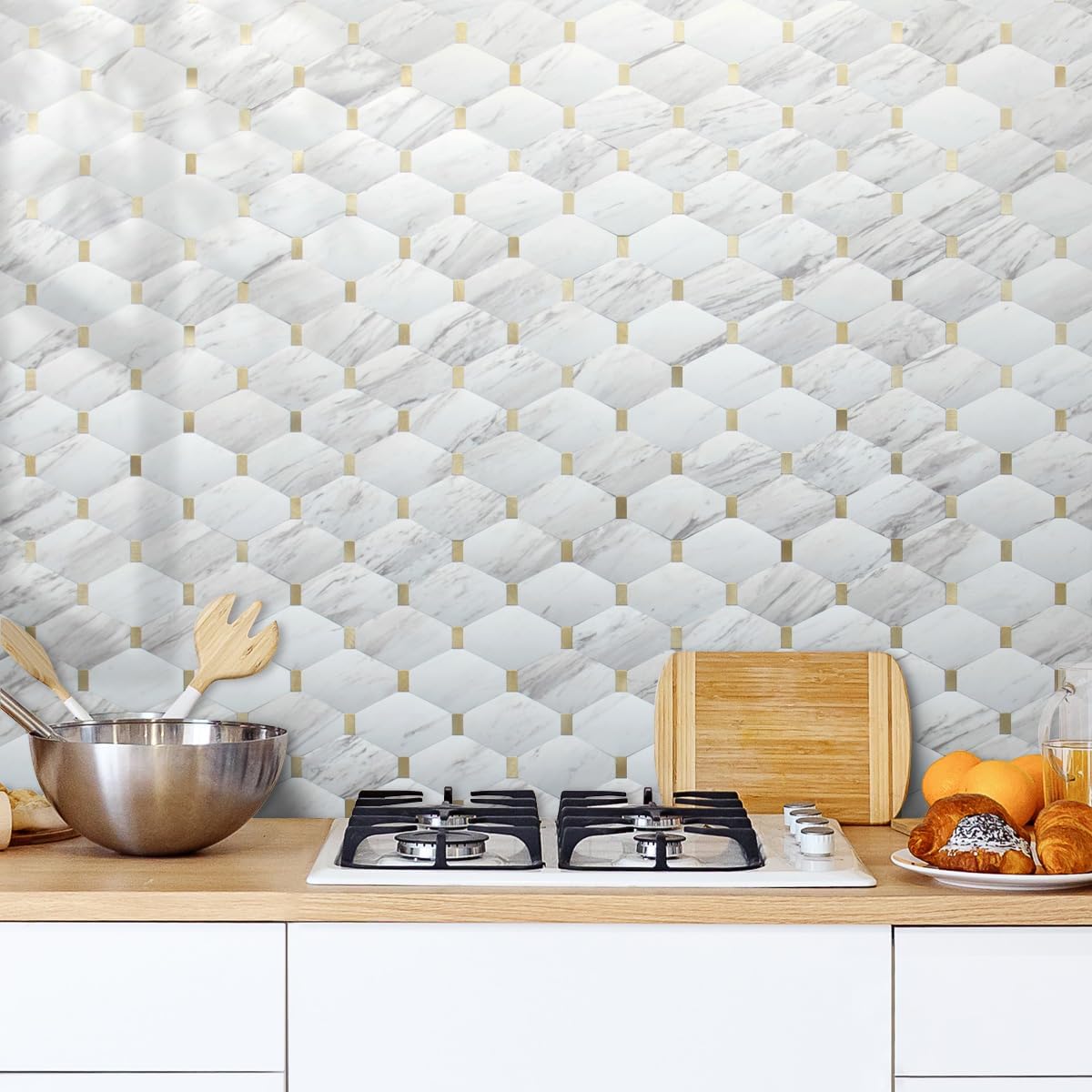 DICOFUN 10-Sheet White Marble Long Octagon Peel and Stick Backsplash, Faxu Stone PVC Mixed Metal Gold Stick on Wall Tiles Kitchen Backsplash