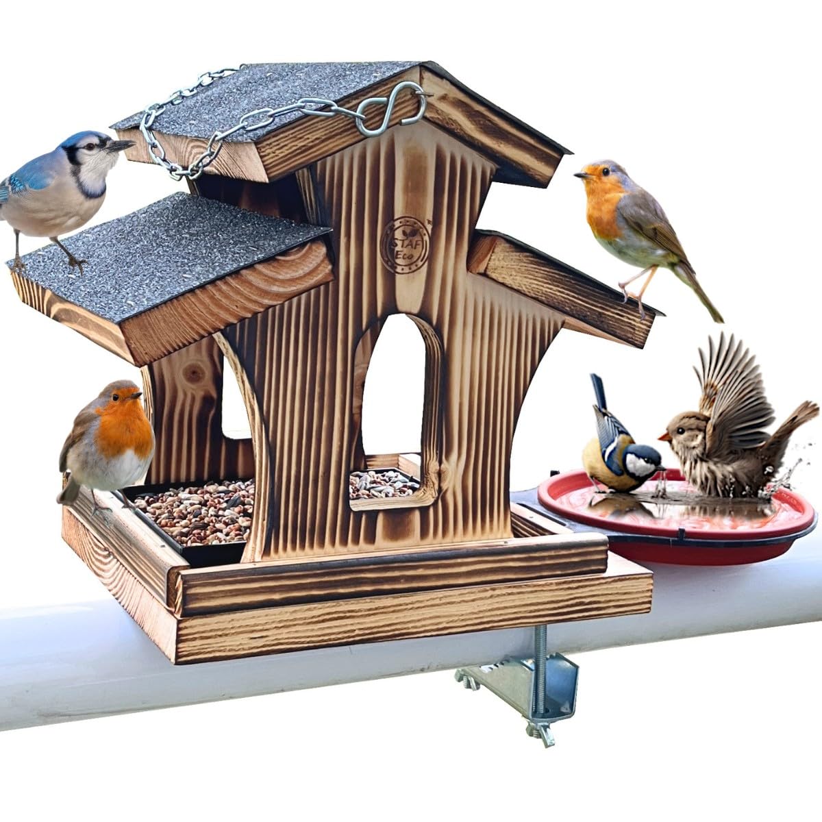 Vogelhaus Balkon Vogelfutterhaus mit 2 x Balkonhalterung und wetterfestem Holz, Vogelhäuschen, Vogelfutterspender Deck Vogelfutter Spender für draußen, Vogeltränke (Vogelhaus2)