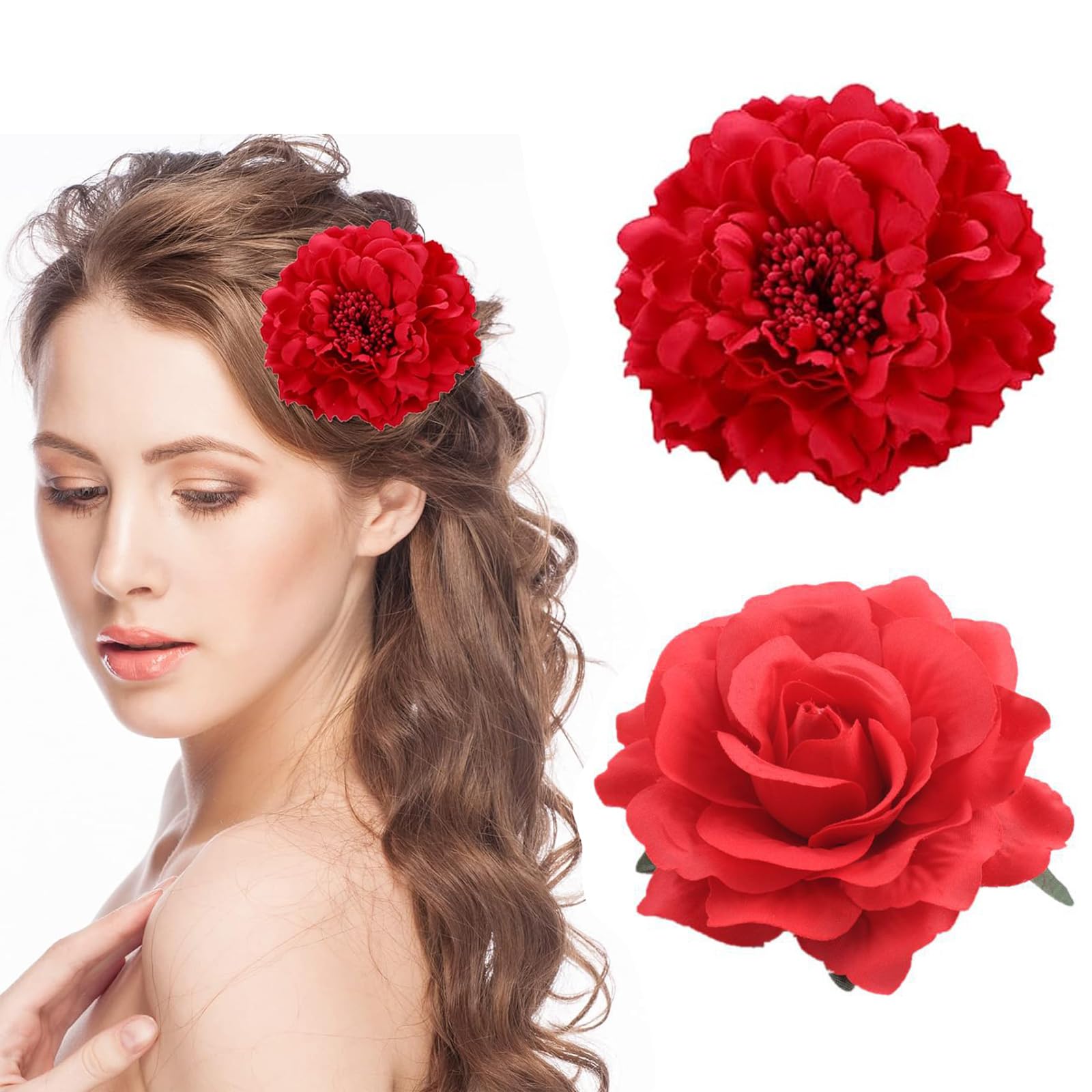 DHWEKU 2 Pcs Clips de Pelo de Flor, Flor Flamenca Pelo para Mujer, Horquillas de Peonía y Rosa Adorno Pelo para Boda Fiesta