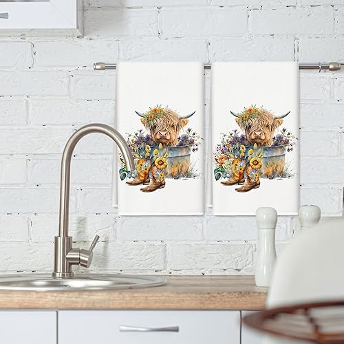 Miniatura 5 de AnyDesign Highland Cow - Toalla de cocina rústica de granja de 18 x 28 pulgadas, diseño de girasol decorativo de verano para cocina, hogar, cocina,